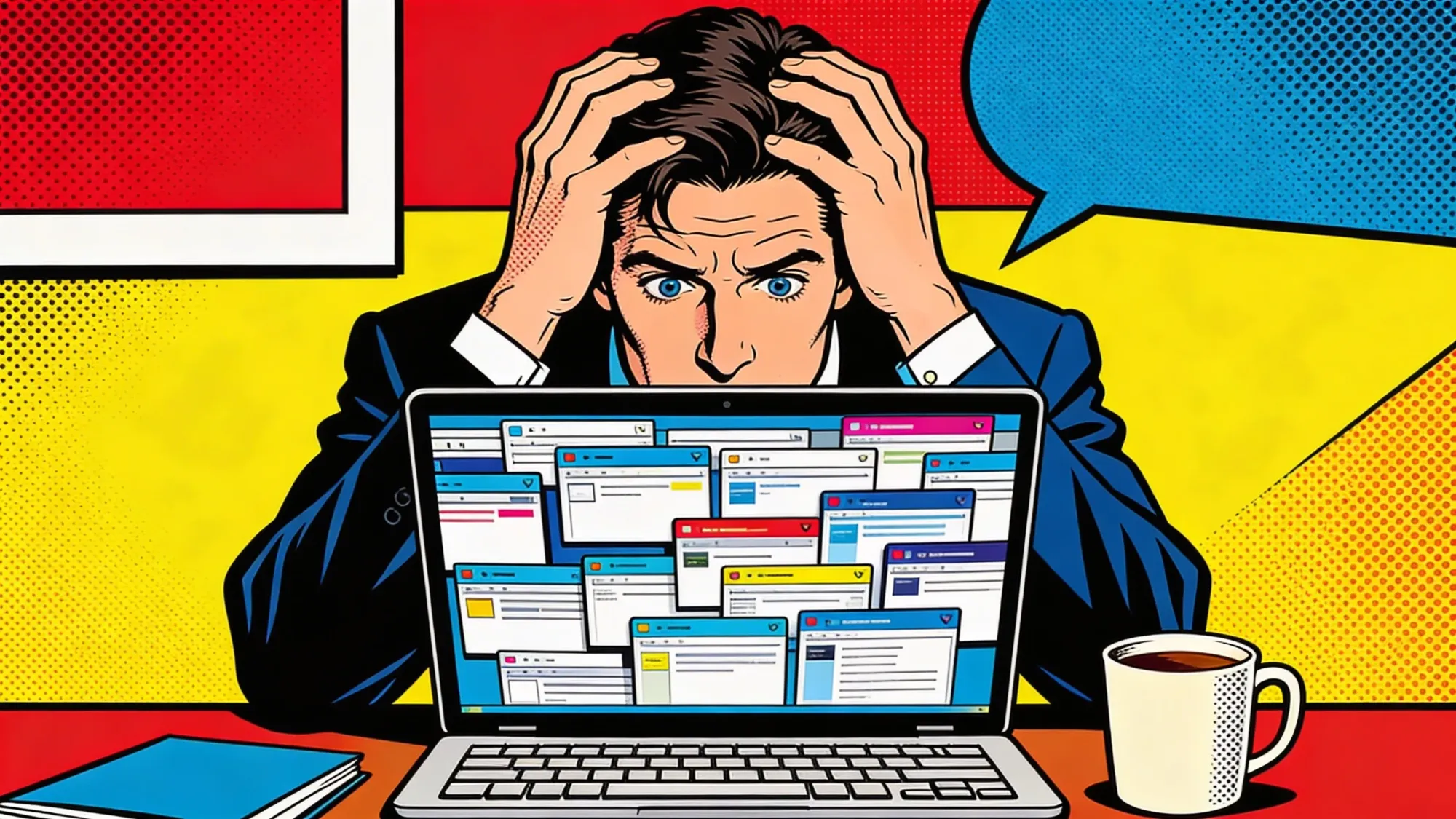 A frustrated office worker staring at a laptop covered in overlapping browser tabs