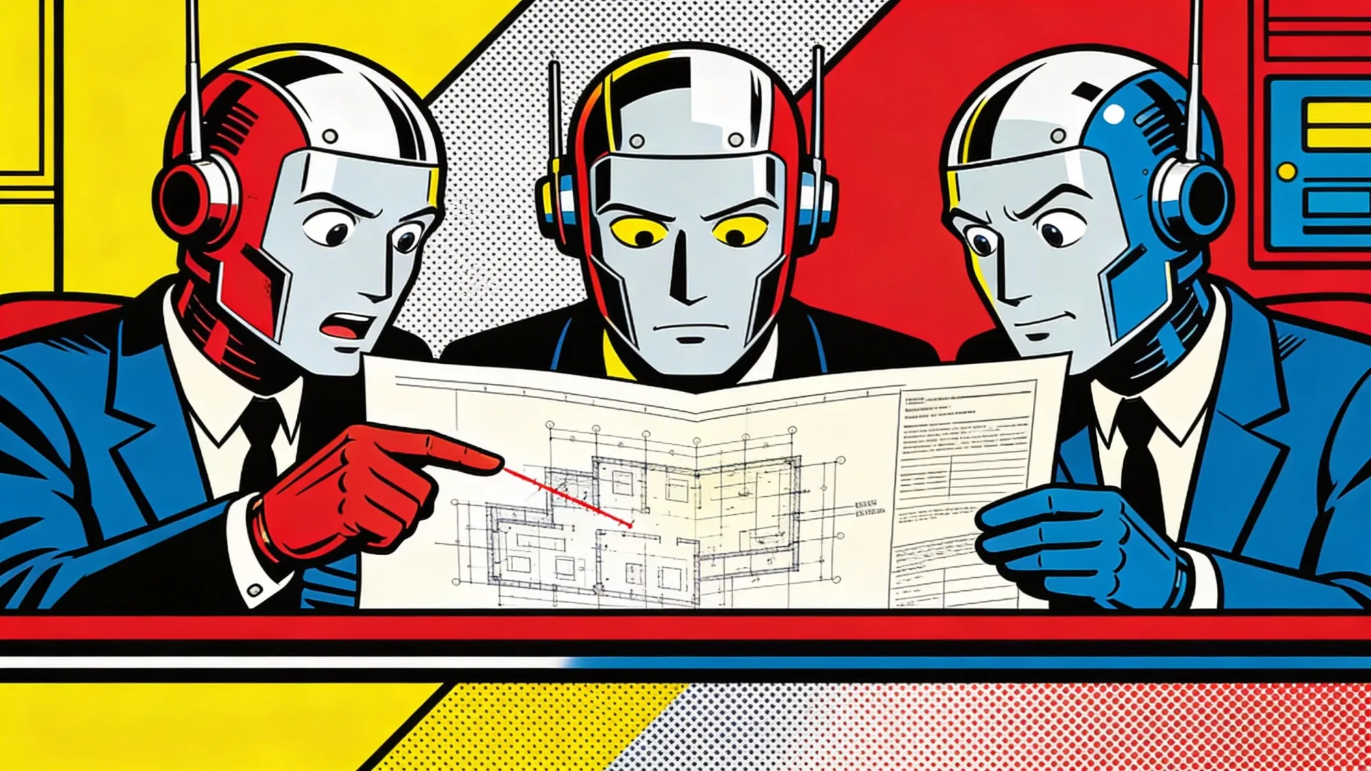 Three robot heads in suits examining a blueprint together, one pointing at a flaw the others missed