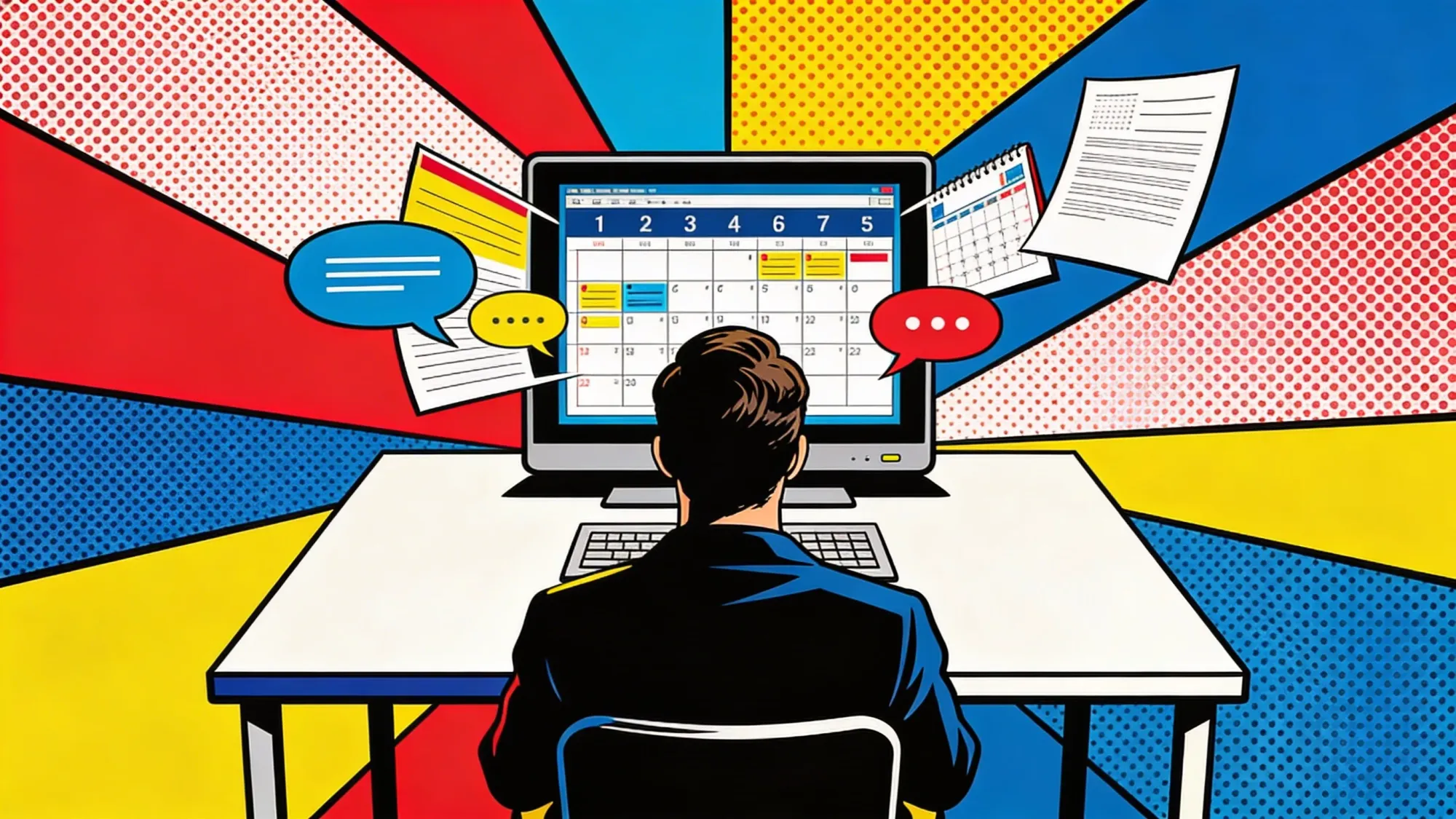 A person at a clean desk with calendar entries, documents, and chat messages converging into a single terminal screen