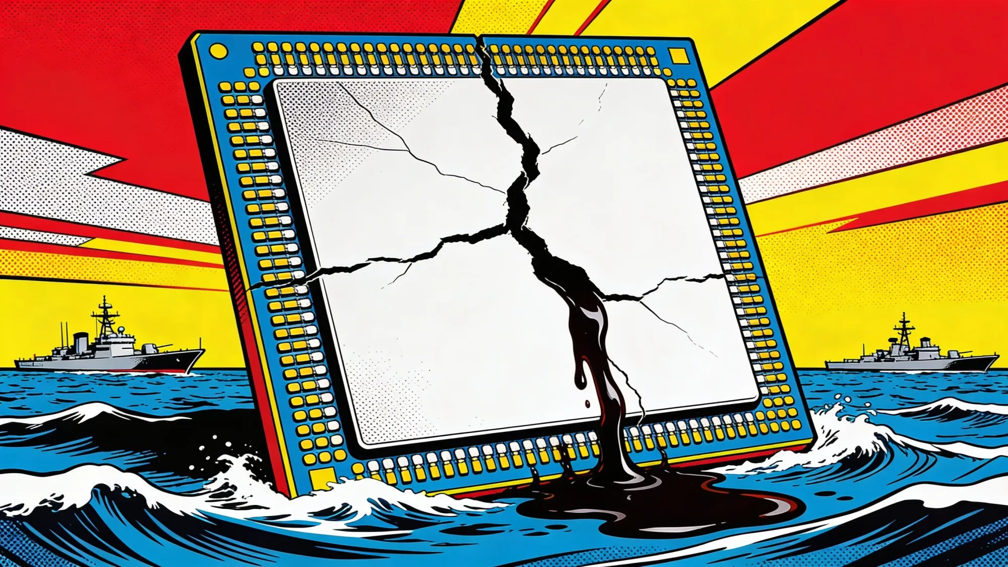 Cracked semiconductor wafer with oil and warships