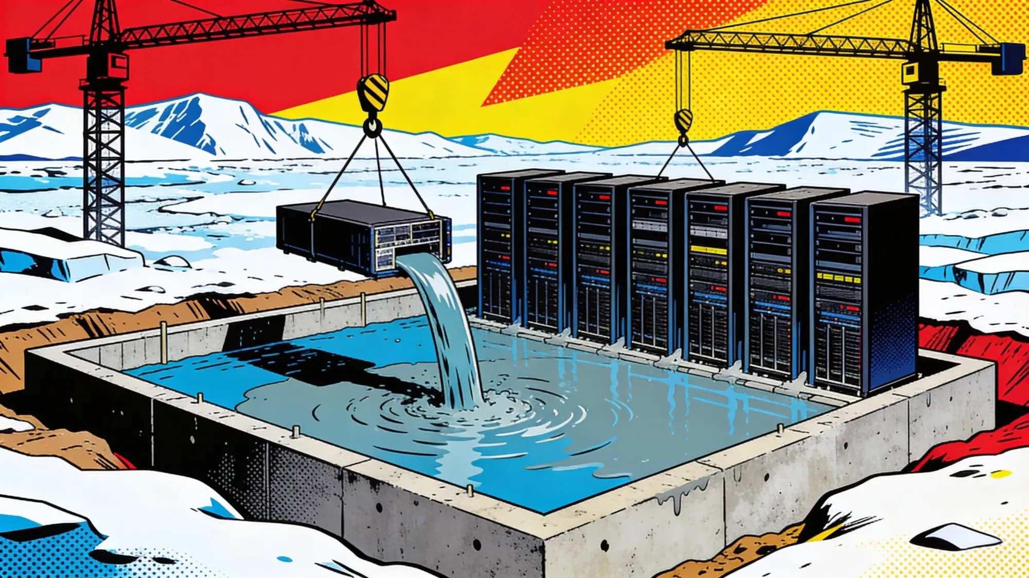 Server racks rising from arctic data center foundation