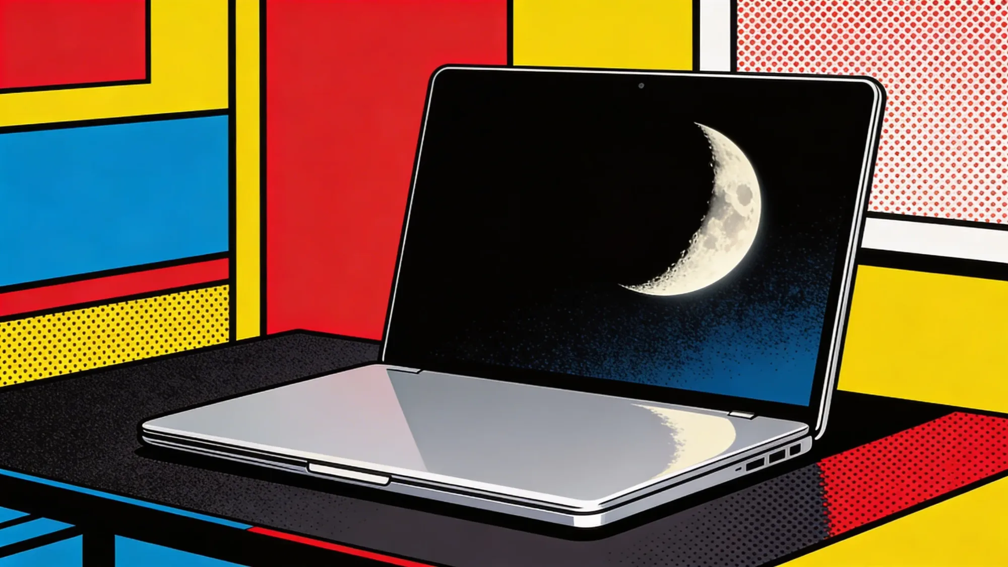 Pop art illustration of a closed laptop with a crescent moon on its screen