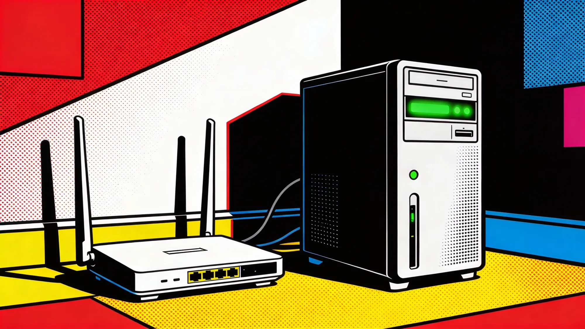 Pop art illustration of a home server with green LED lights glowing in a dark room