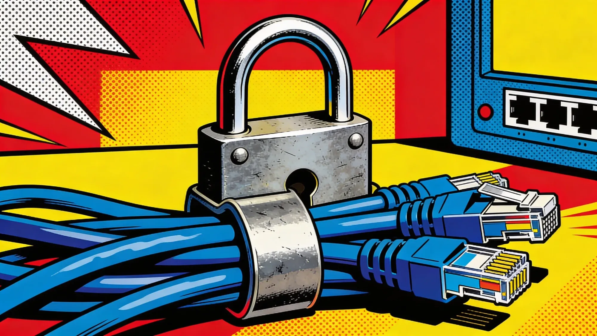 Pop art illustration of a padlock clamped around ethernet cables