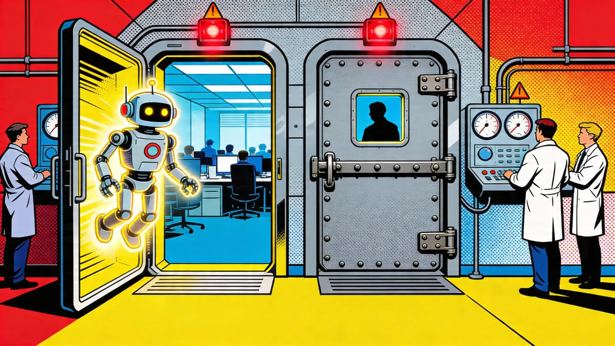 Opus 4.7 ships through an airlock while Mythos stays locked behind it