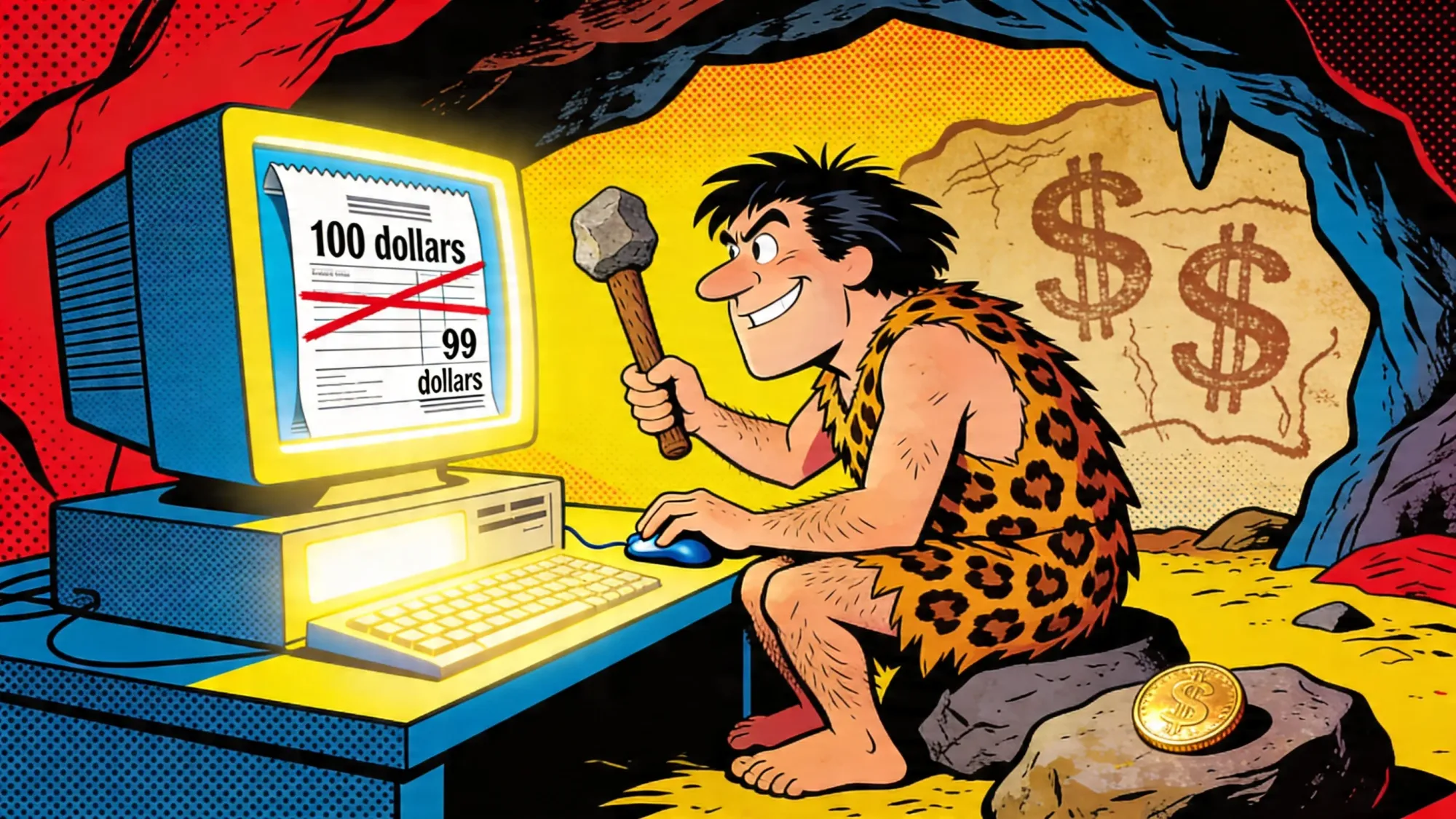 Caveman at a terminal saving a single penny