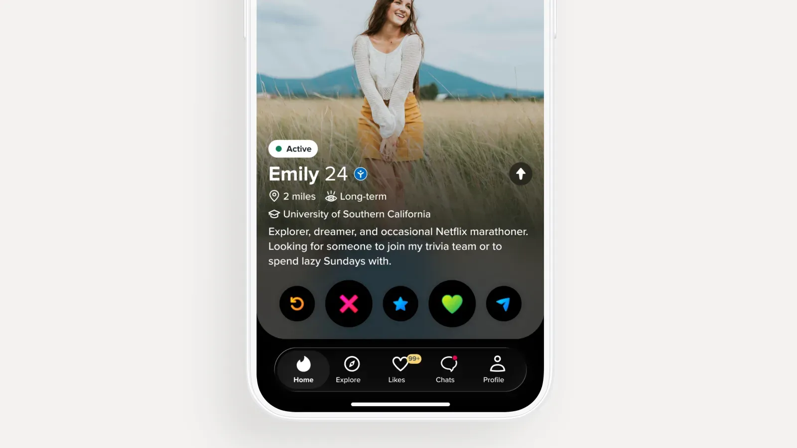Tinder profile showing the Verified Human badge next to the user's name