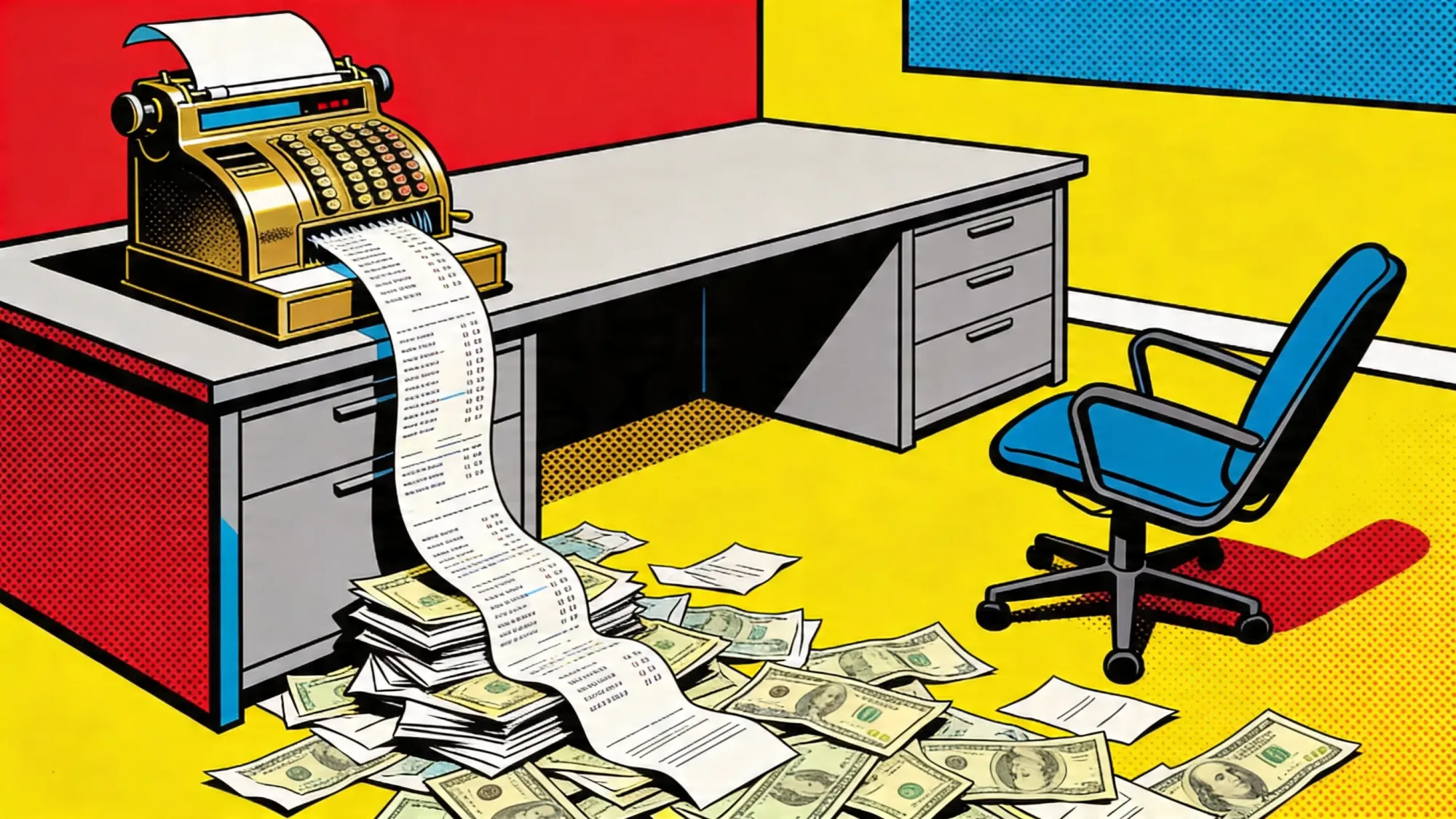 A vintage brass cash register pouring out endless code receipts onto an empty office desk, no one in sight