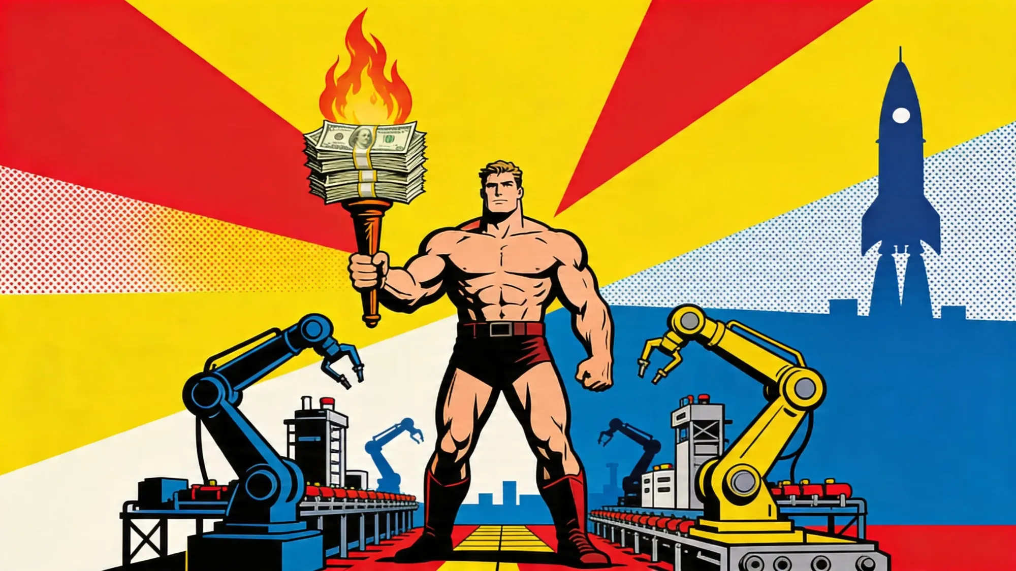 A titan holding a flaming torch of stacked dollar bills, industrial robot arms rising around him, a rocket in the distance