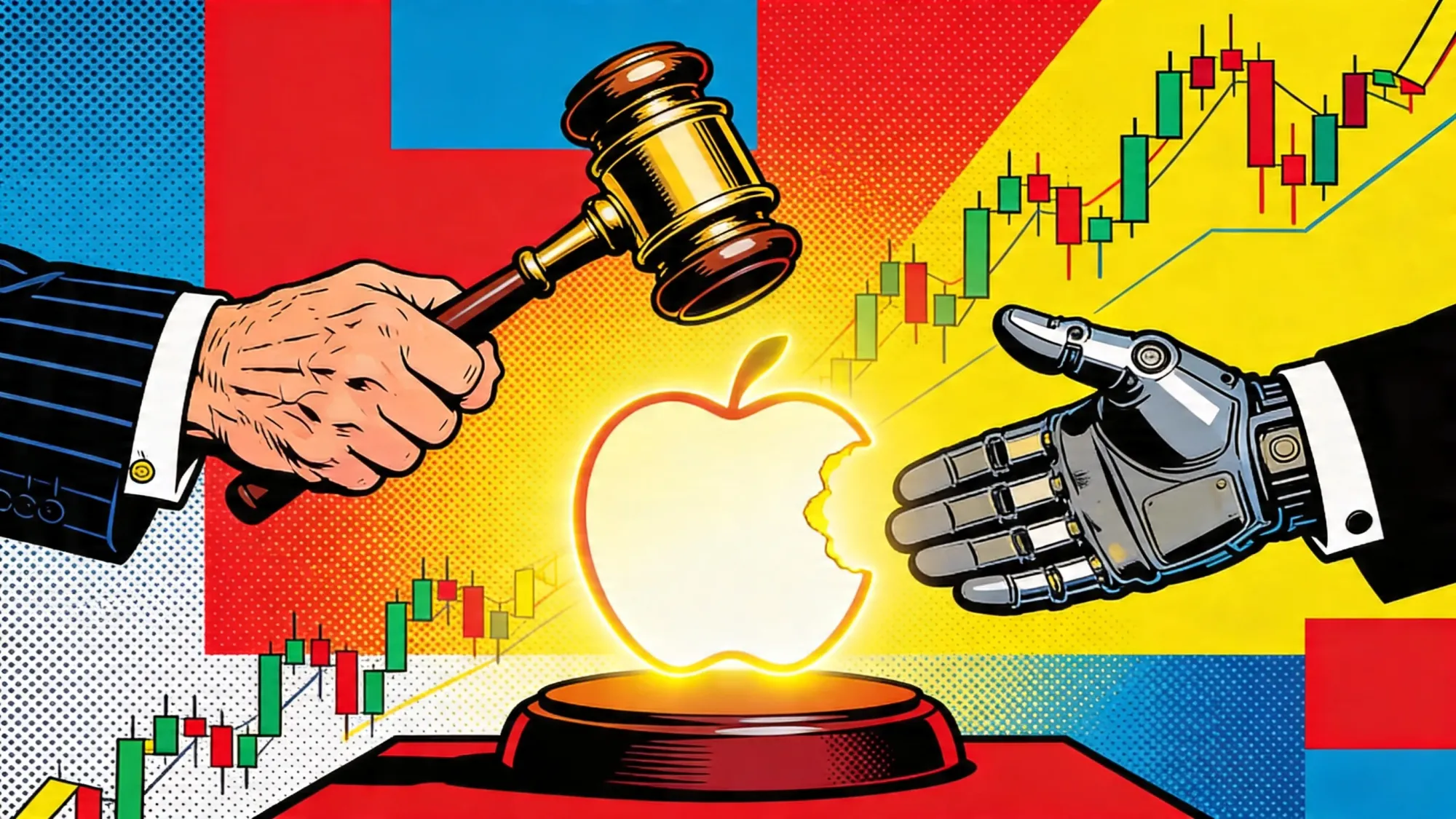 Apple hands off: a CEO gavel passes from an older tailored hand to a younger engineer's hand, a bitten apple glowing between them