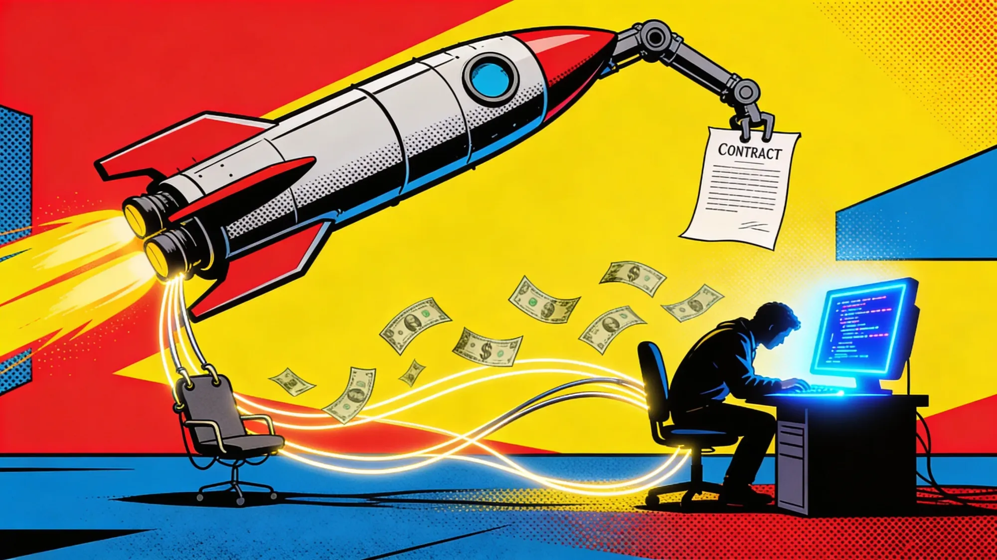 A rocket extending a contract toward a developer at a glowing terminal, the chair already half-attached to the rocket by cables, dollar bills swirling between them