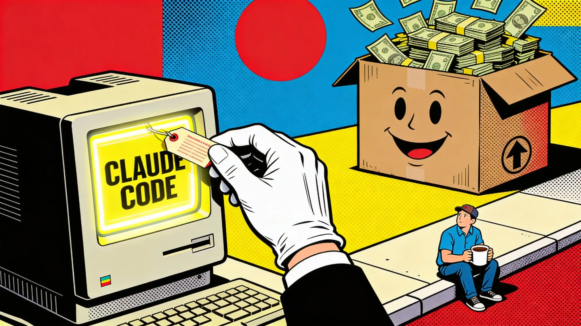 A polite gloved hand removing a $20 price tag from a glowing terminal labeled CLAUDE CODE while a giant cardboard delivery box stuffed with cash sits behind it, a small developer watching from the curb