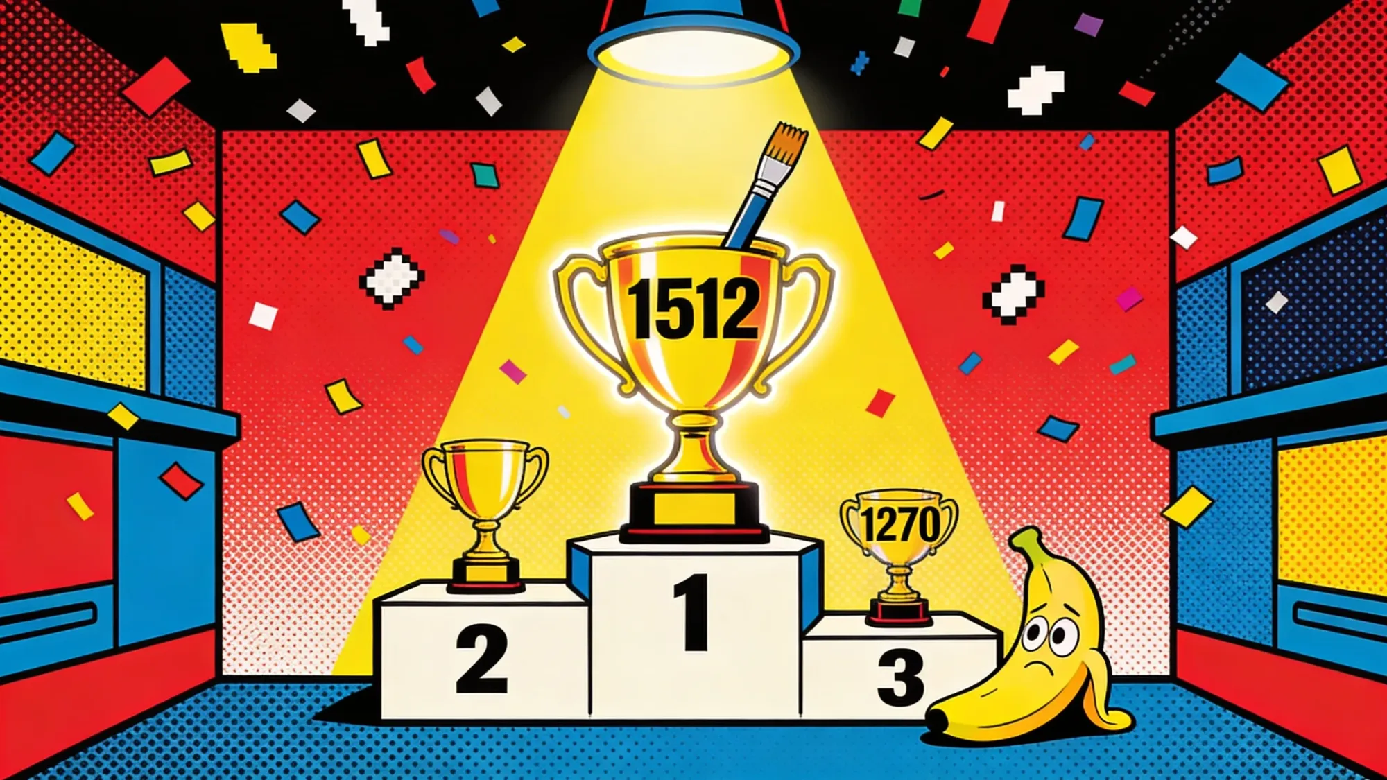 An Olympic podium with an enormous trophy at center labeled 1512, a paintbrush growing from it like a sword, a tiny shrunken trophy beside it labeled 1270 with a cartoon banana slumped next to it