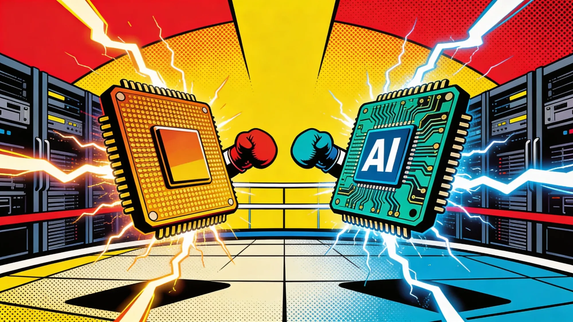 Two rival AI processors facing off like prize fighters