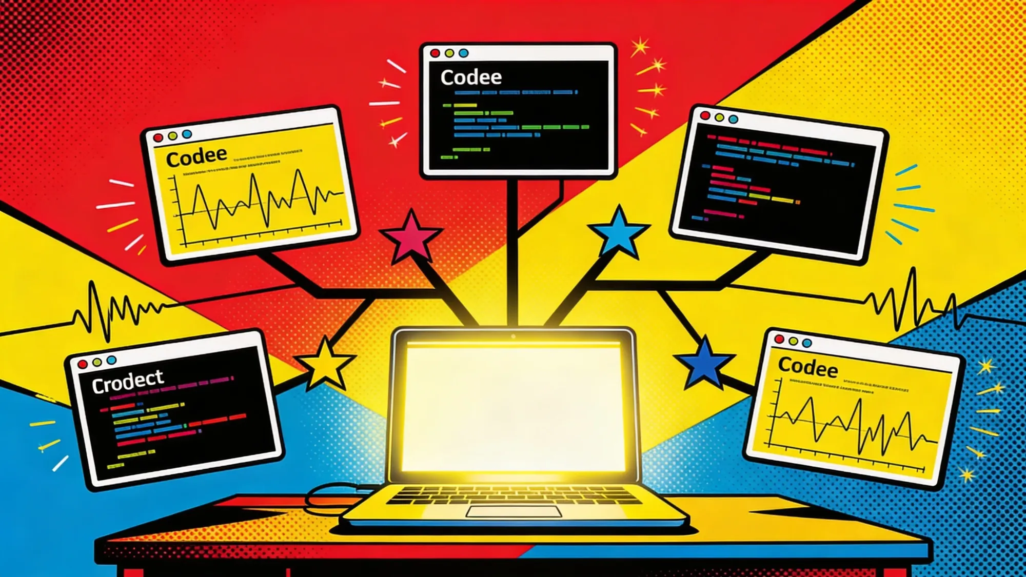 Five floating code project cards around a glowing laptop
