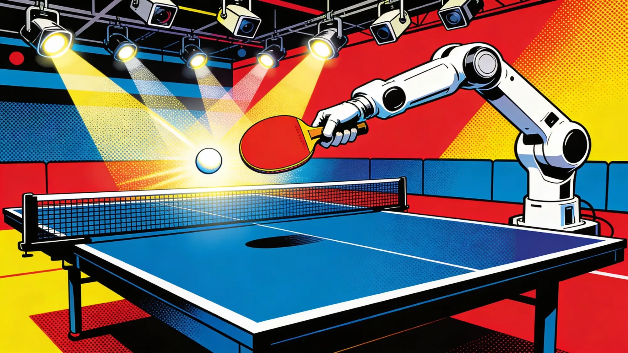 A sleek humanoid robot arm swinging a table tennis paddle