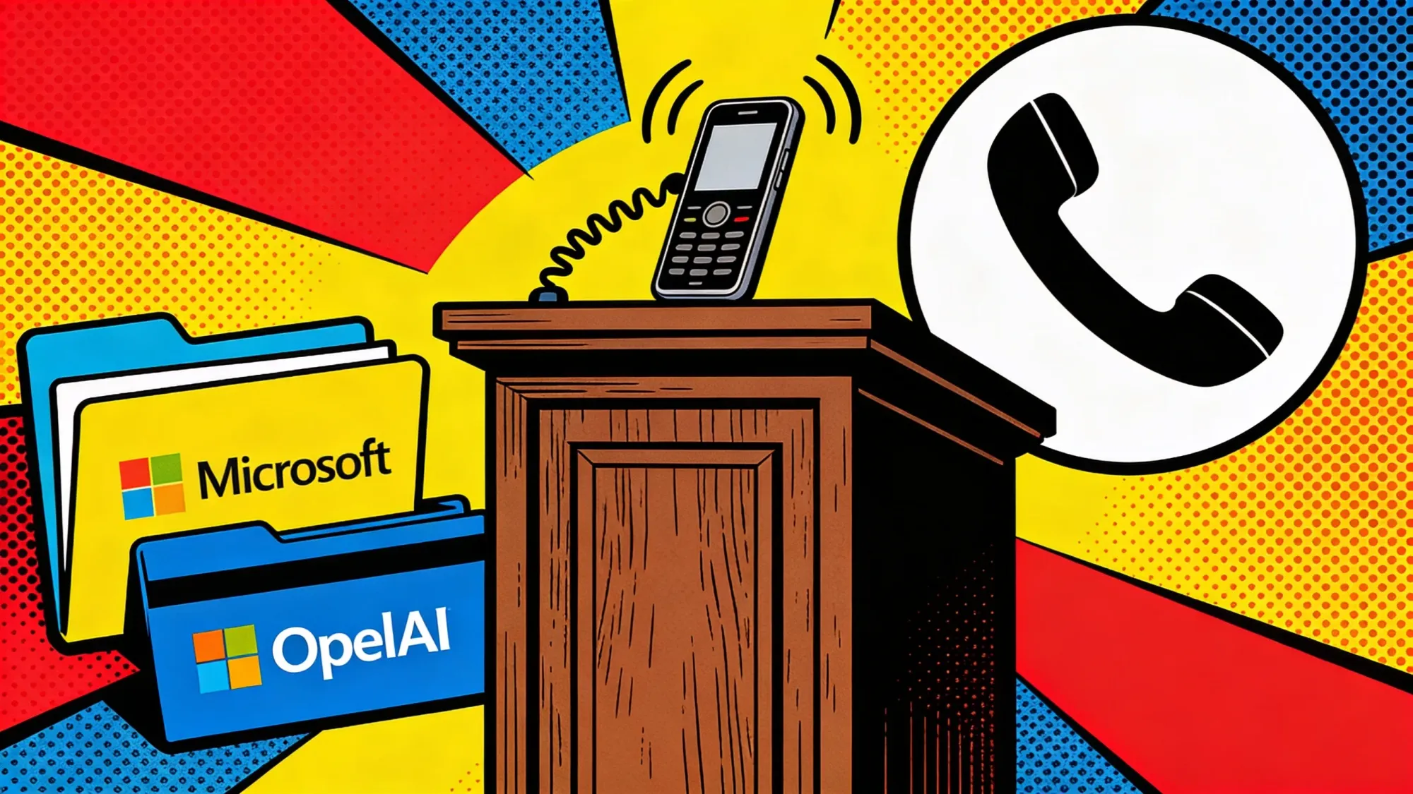 Courtroom phone beside Microsoft and OpenAI folders
