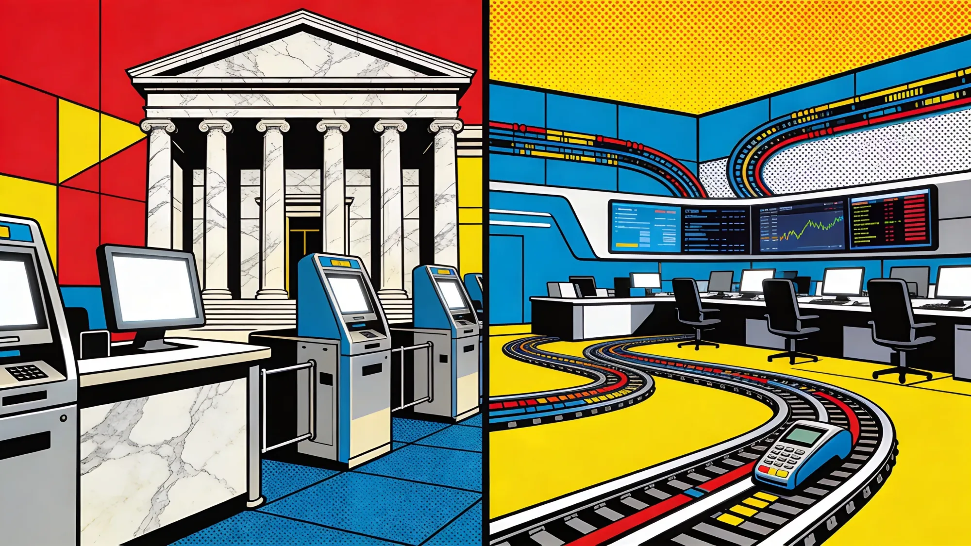 Split bank branch and fintech command center connected by payment rails