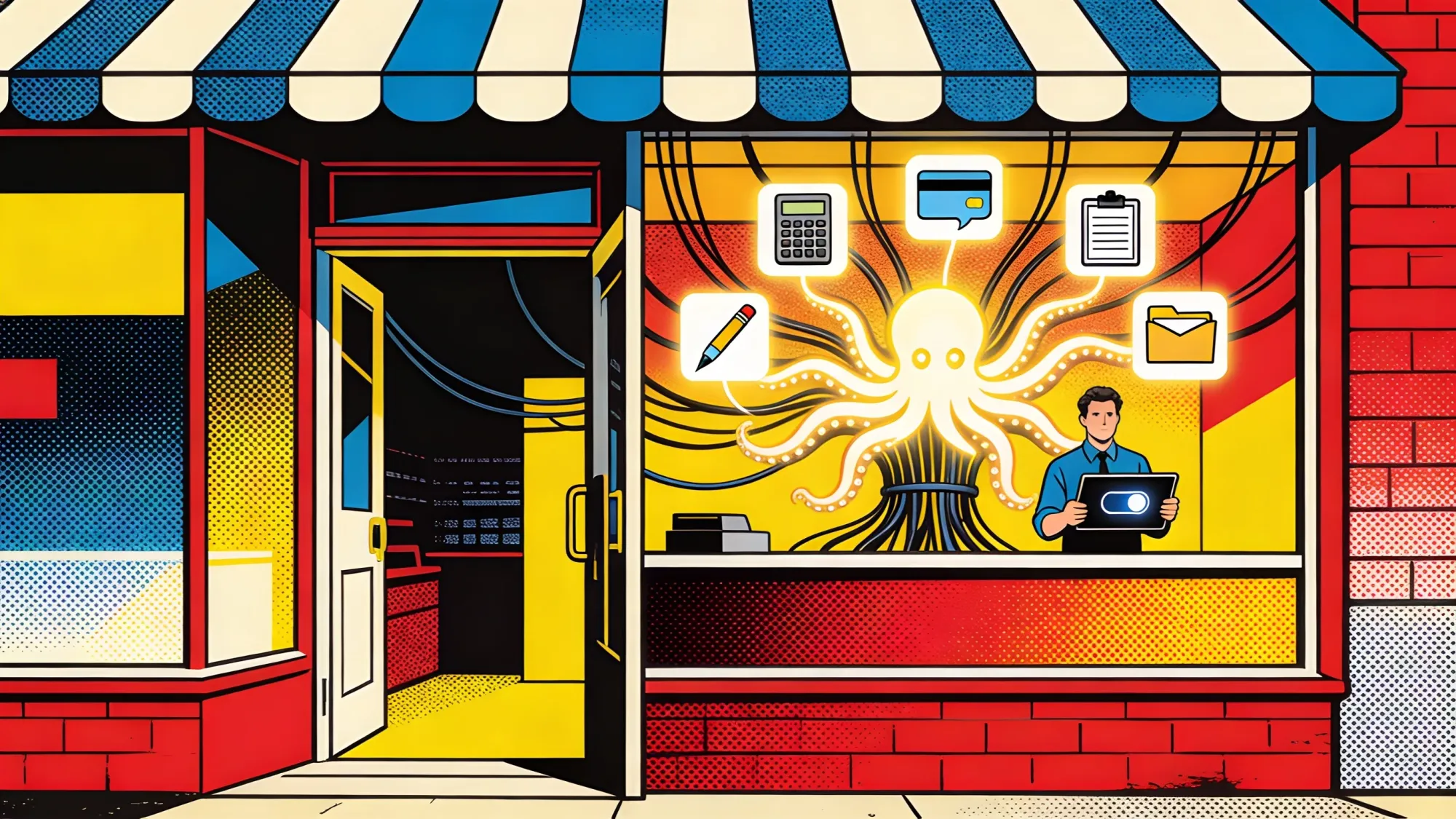 Main Street storefront wired to glowing SaaS app icons