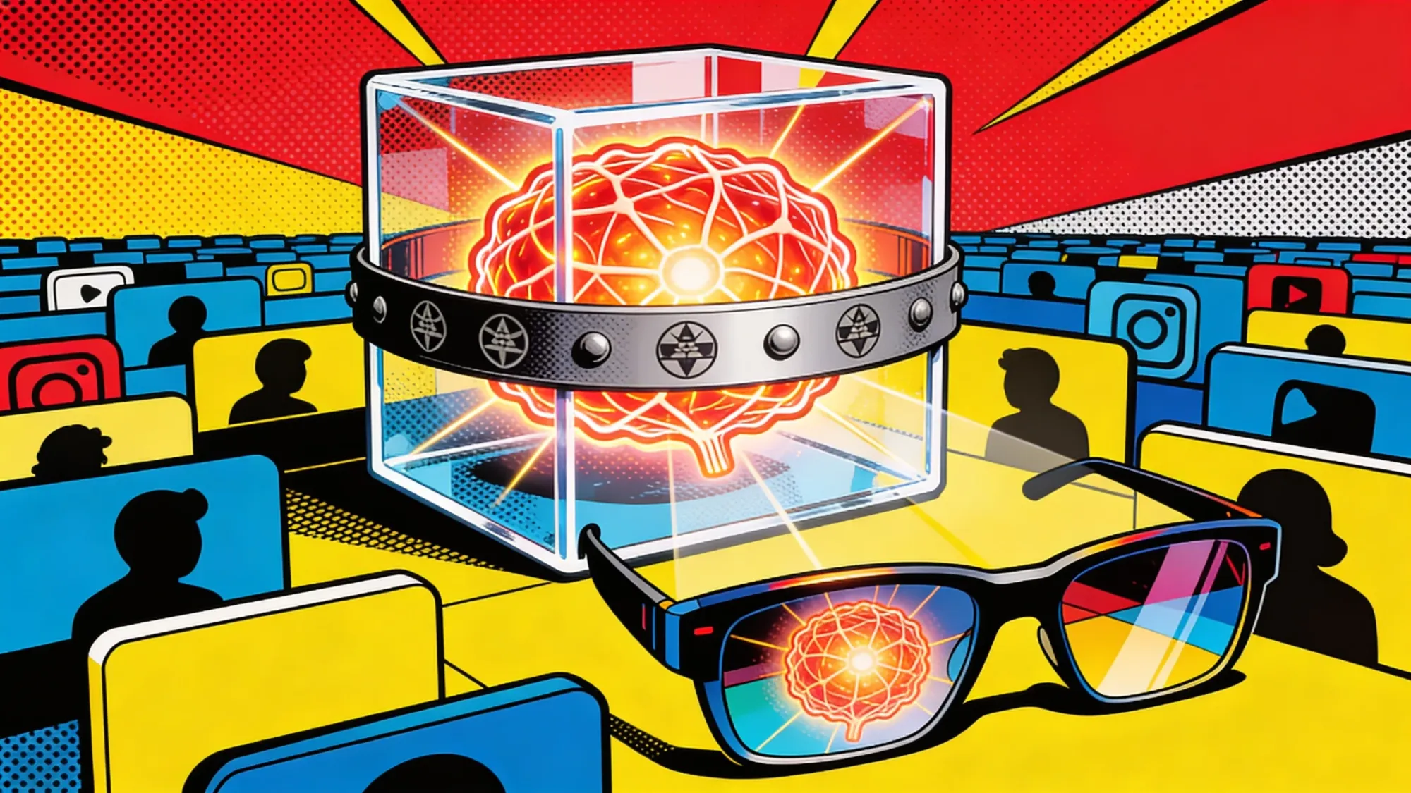 Glowing neural core sealed inside a transparent safety cube above social apps and smart glasses