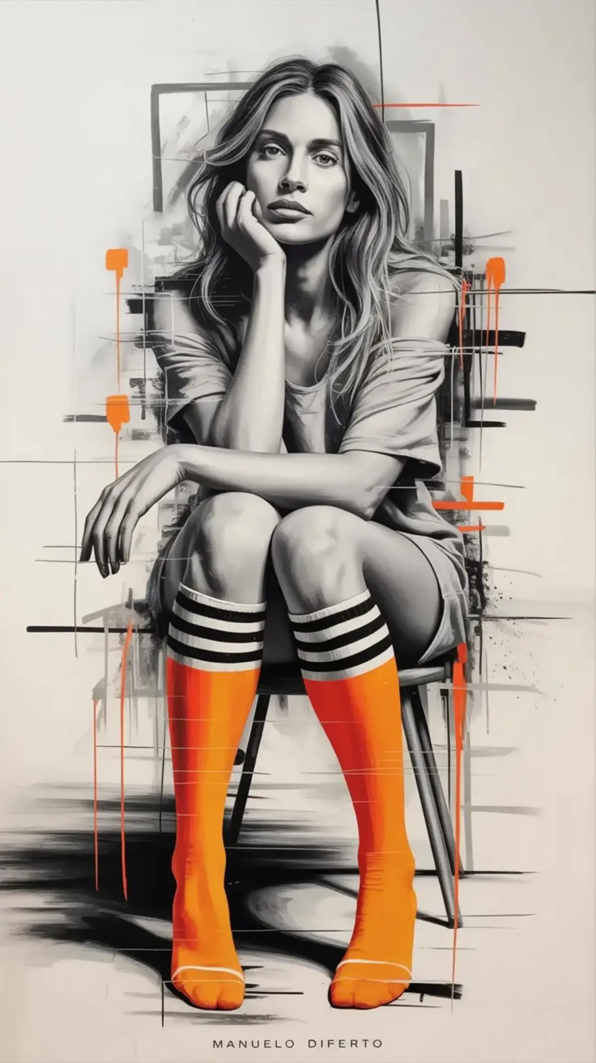 Mixed-media portrait of a contemplative woman with orange striped socks