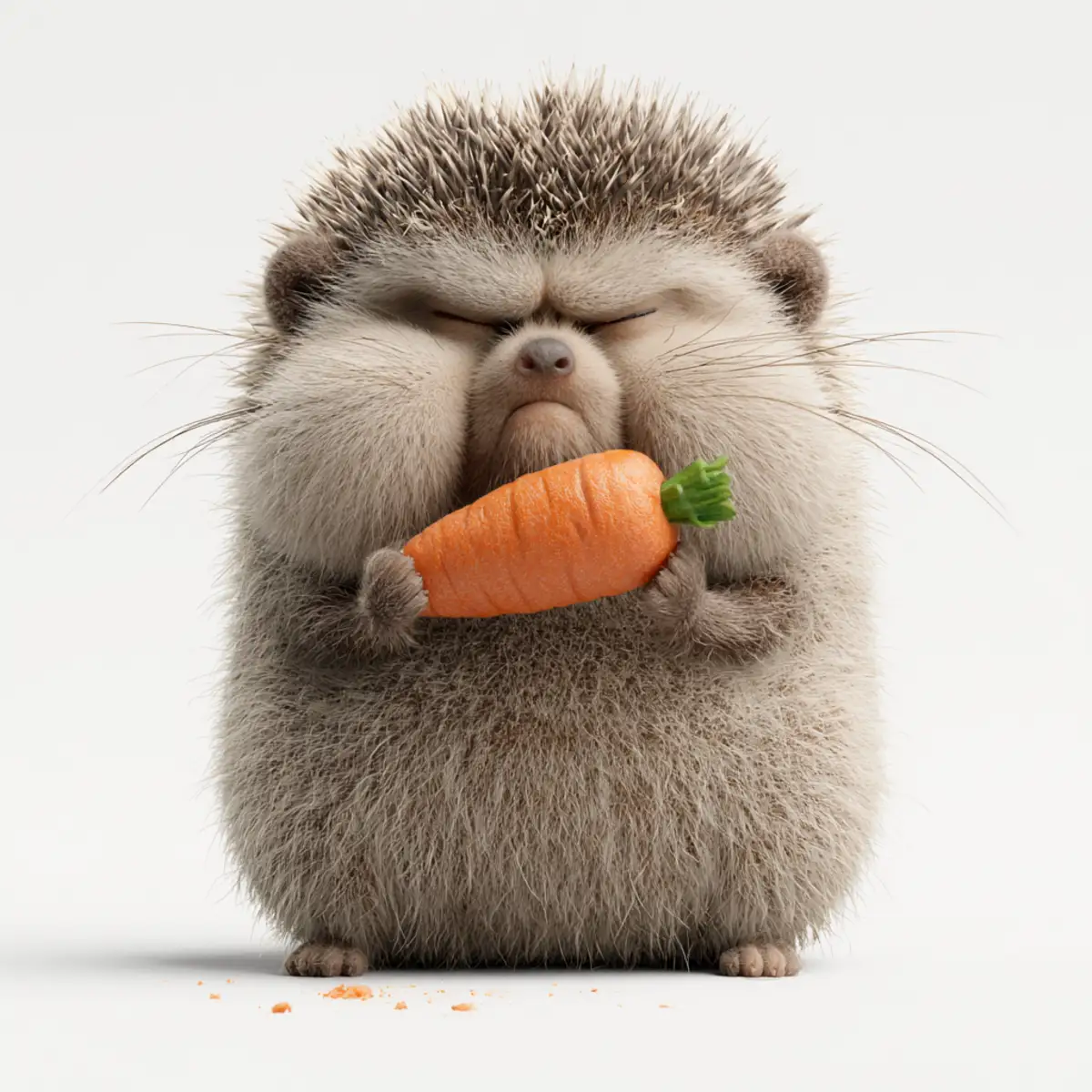Ultra-realistic 3D hedgehog character nibbling an orange carrot