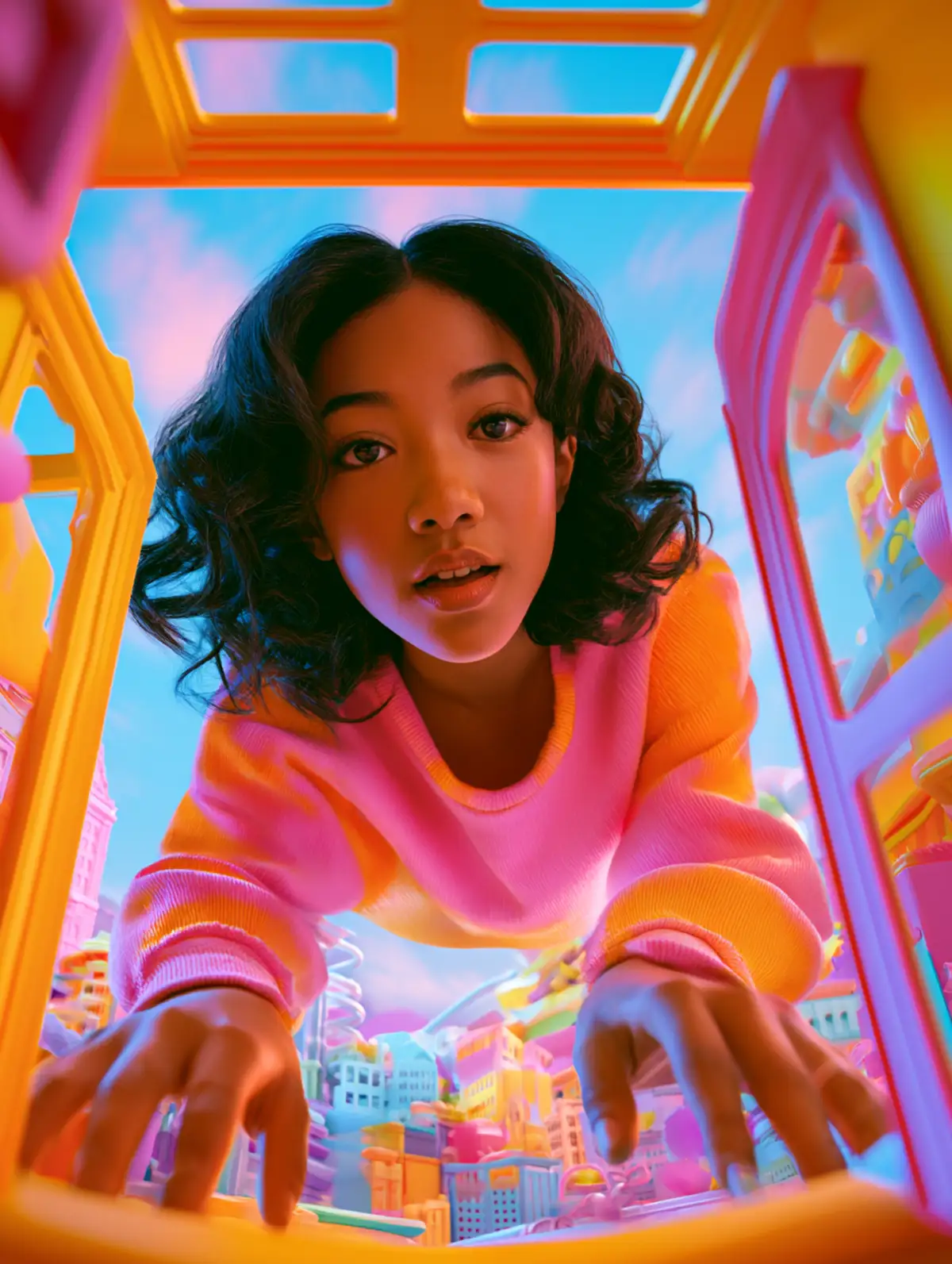 Tween girl towering over a tiny candy-colored city