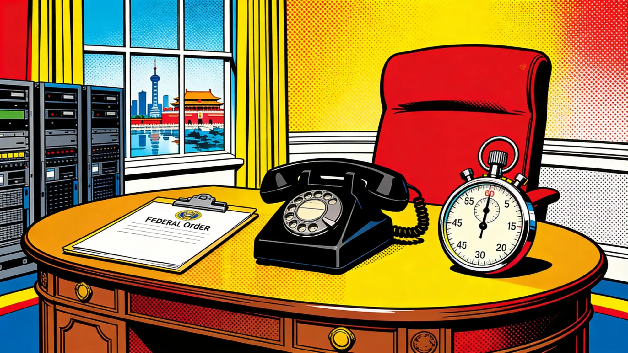 Black telephone and AI review folder in the Oval Office