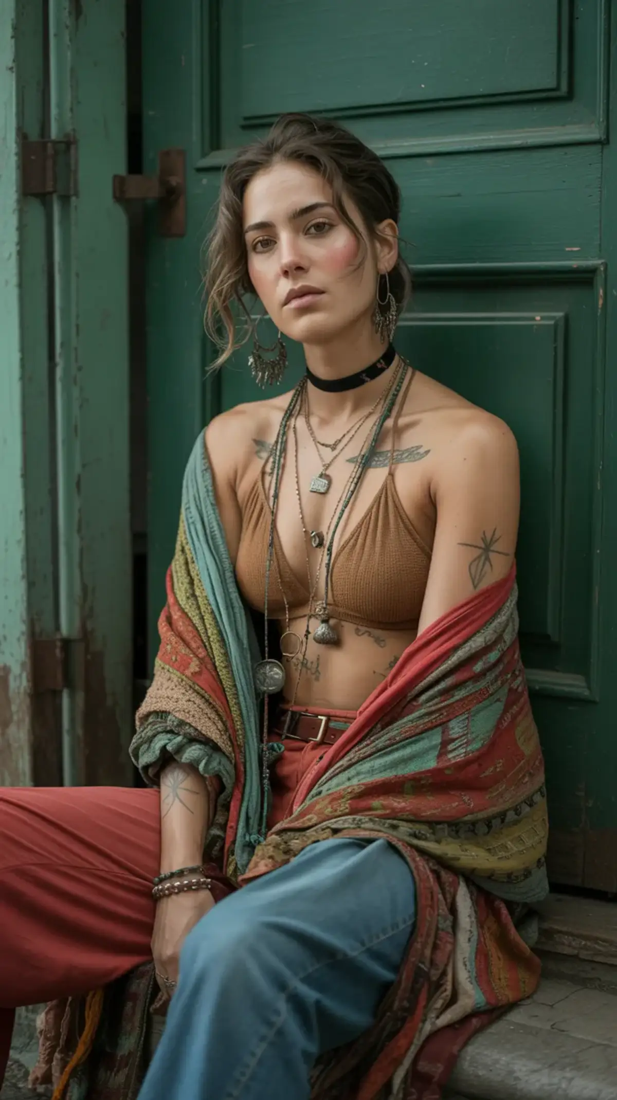 Woman sitting against a weathered green door โ Ideogram
