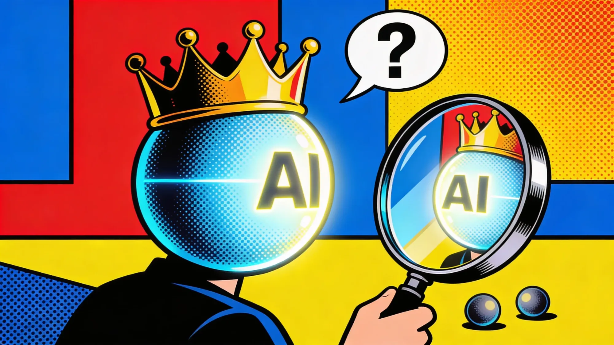 Crowned AI sphere inspecting its own reflection