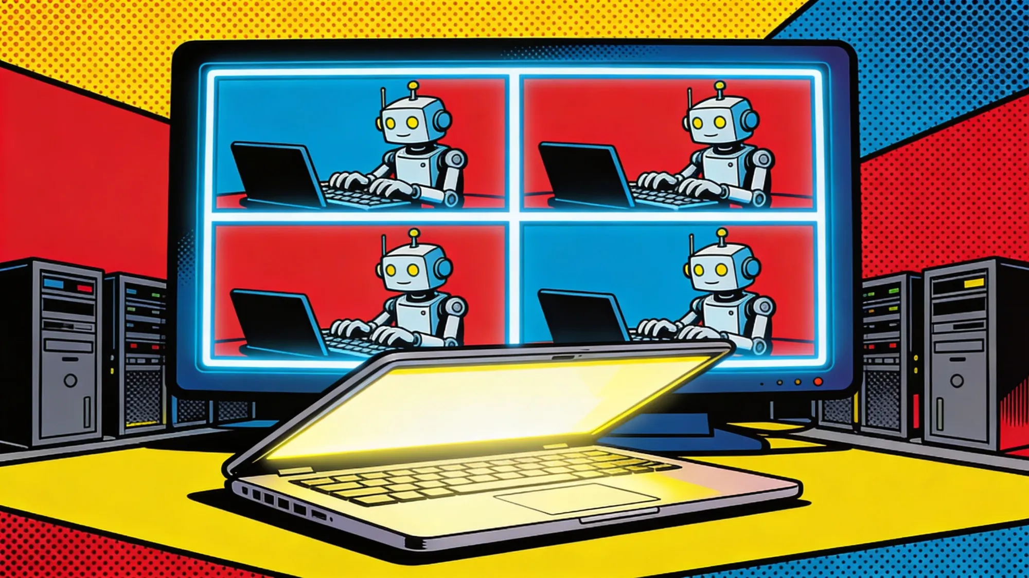 Terminal split into panes with small robots typing