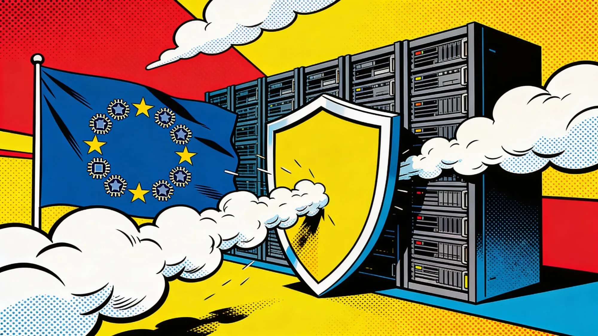 EU flag of microchips, a shield blocking incoming clouds
