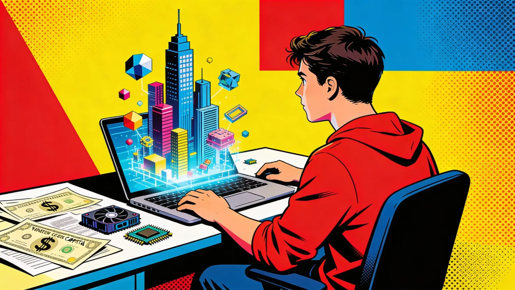 Tripo AI 3D assets rising from laptop