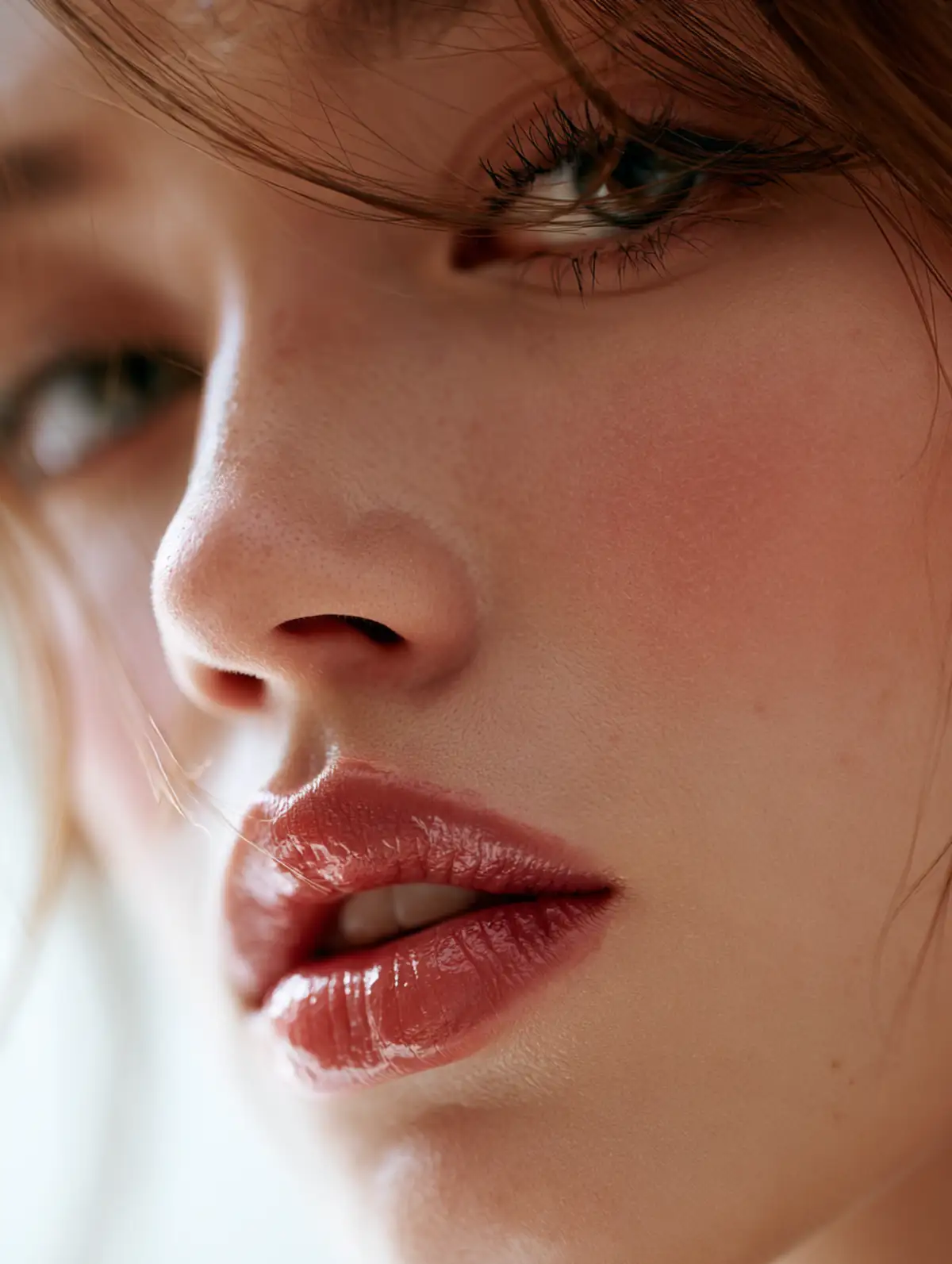 Korean beauty editorial portrait, blurred lips trend