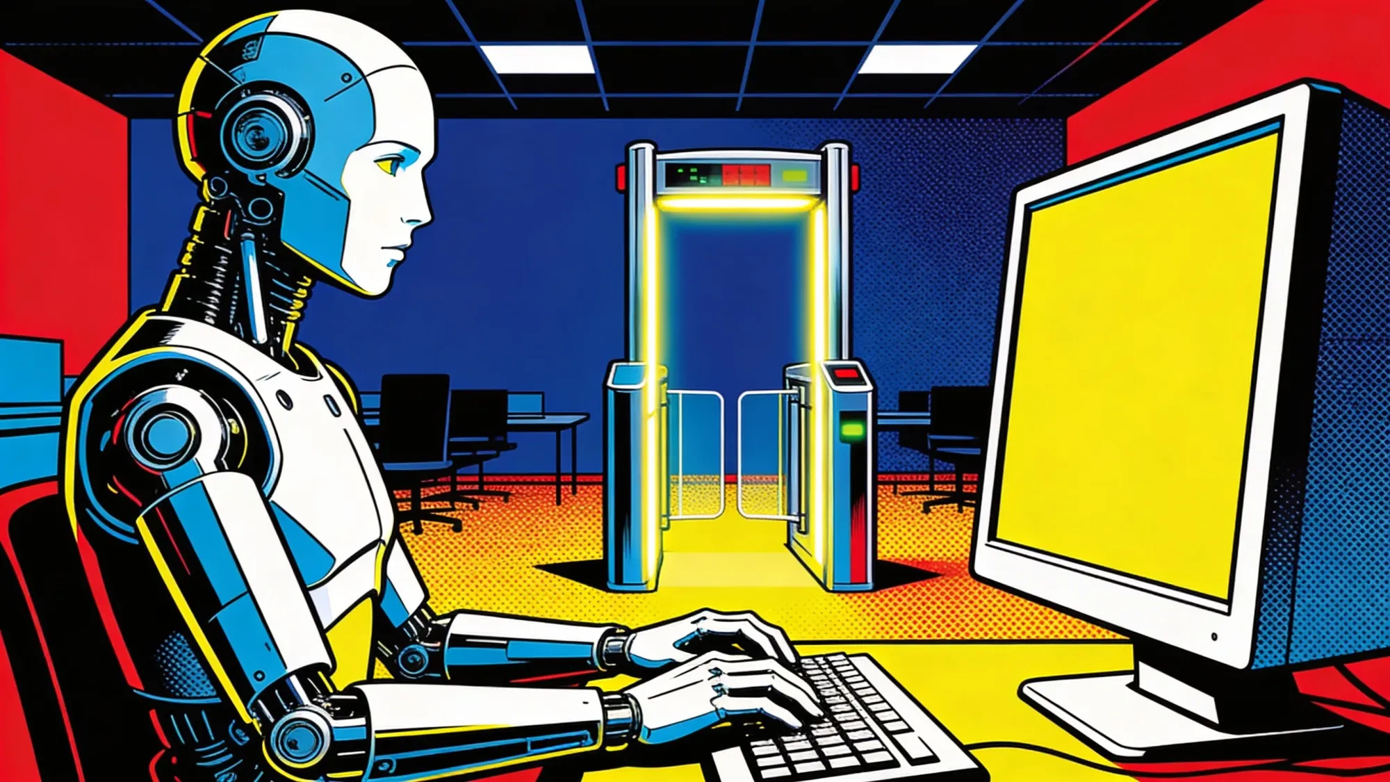 A robot codes alone at night behind a security gate