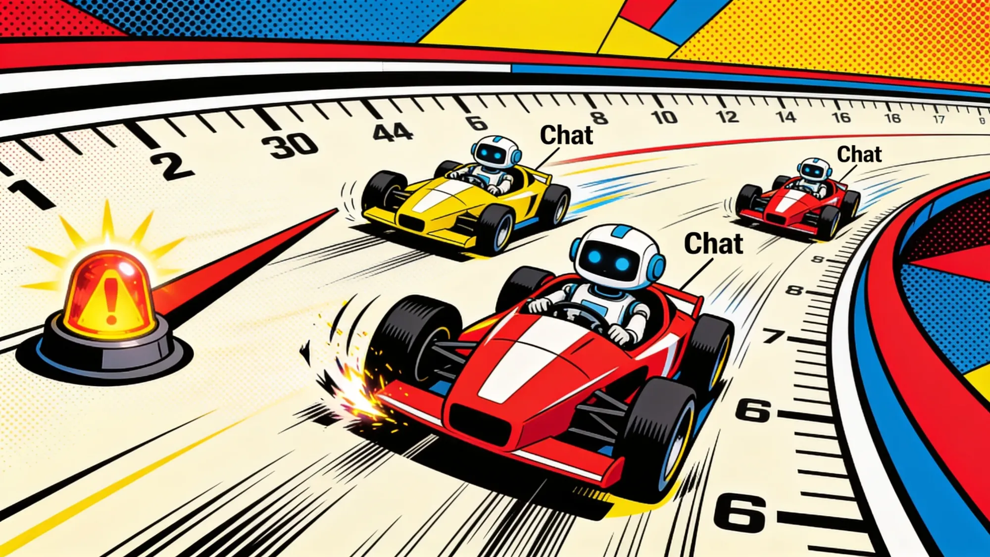 Three labeled chatbot race cars on a speedometer track