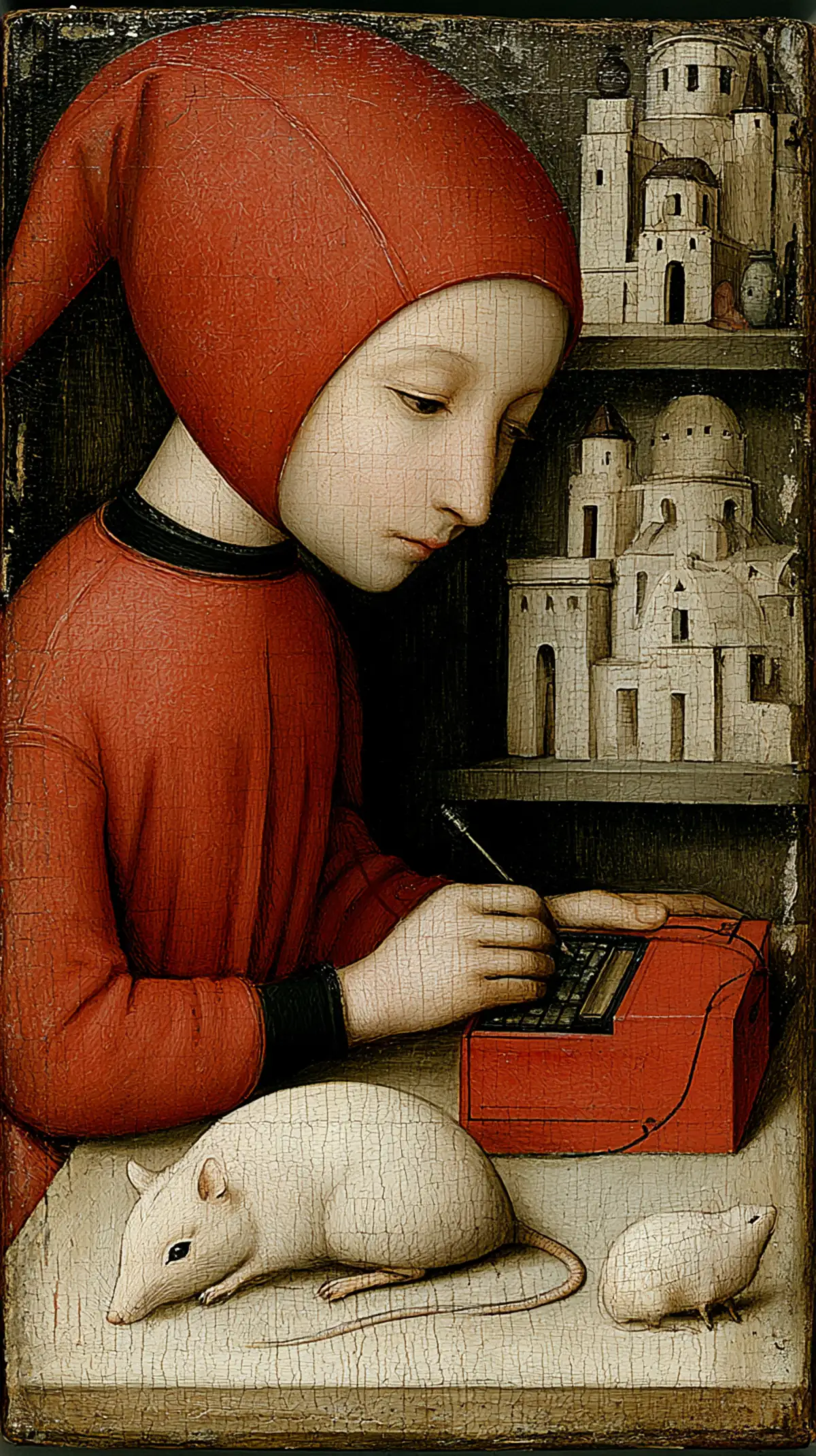 Renaissance-style portrait of a scribe in red hood typing on a small red machine, white rats on the desk