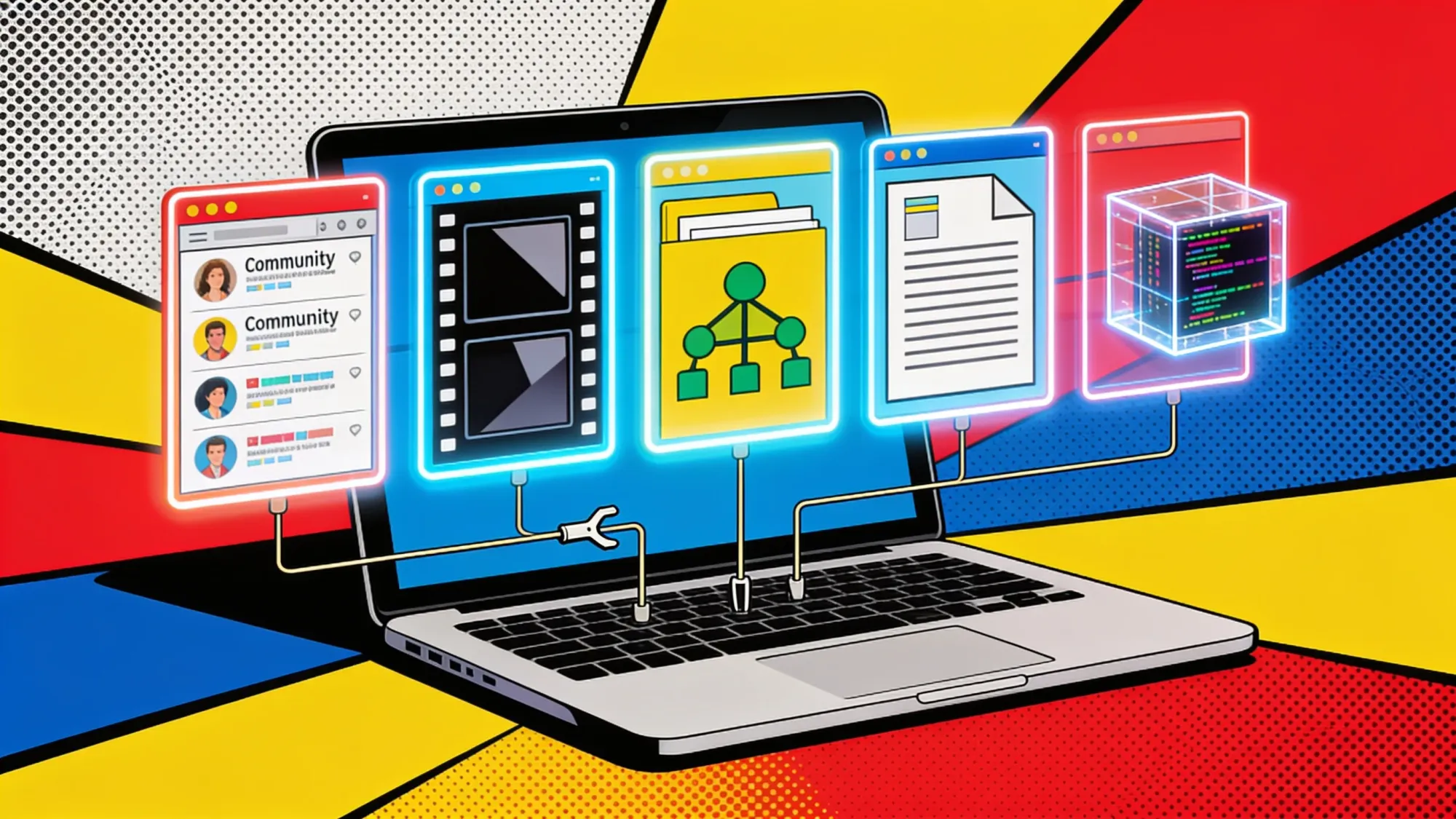 Five software panels connect a laptop to feeds, video frames, files, documents and code