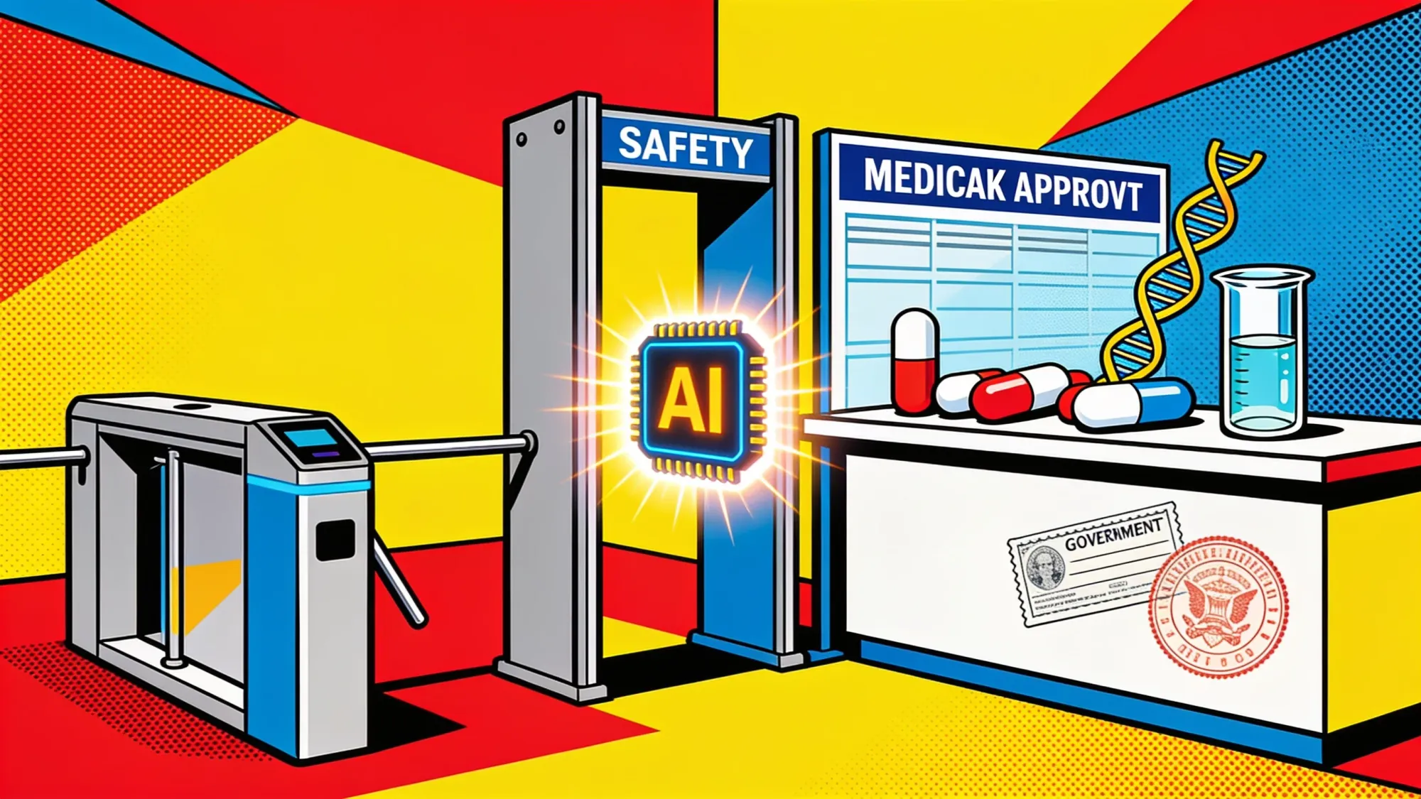 Government checkpoint blocks a glowing AI chip beside a fast-track medical approval lane