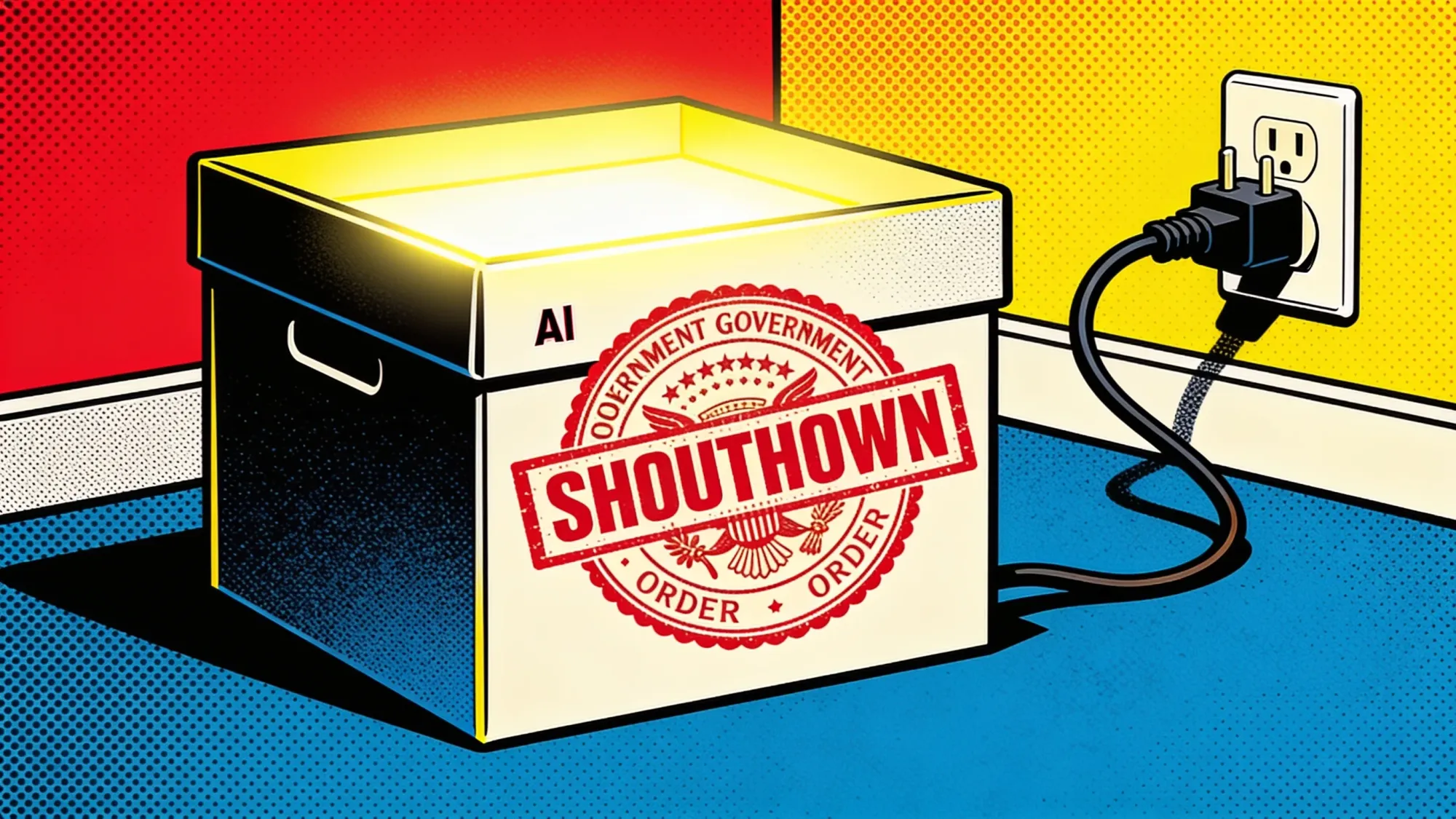 Pop Art illustration of a government hand pulling the plug on a glowing AI model box stamped with a red shutdown order