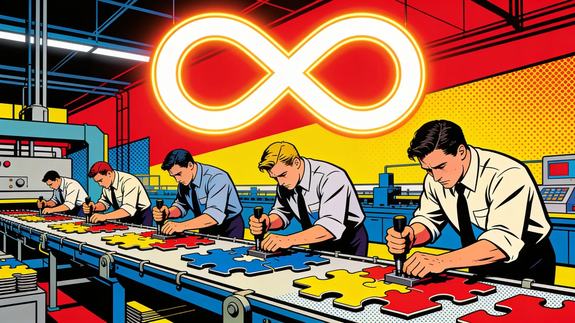 Pop Art illustration of weary engineers on a factory assembly line stamping out puzzle pieces under a glowing corporate infinity logo
