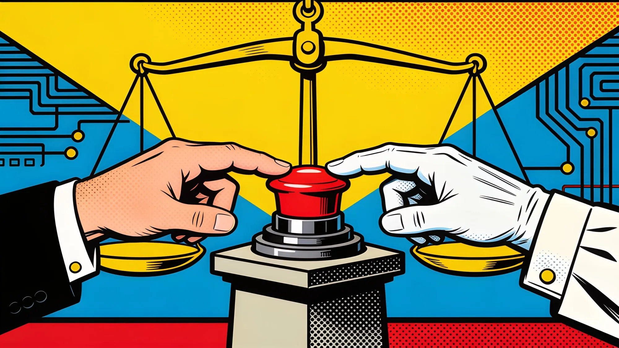 Pop Art illustration of a red kill switch on a pedestal with a politician's hand and a scientist's hand reaching for it under a balance scale