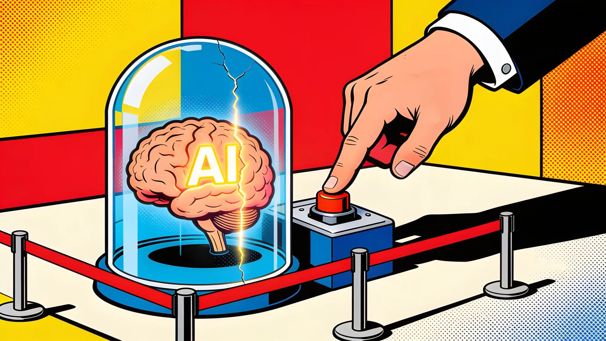 A government hand pressing a power switch on a shielded AI brain