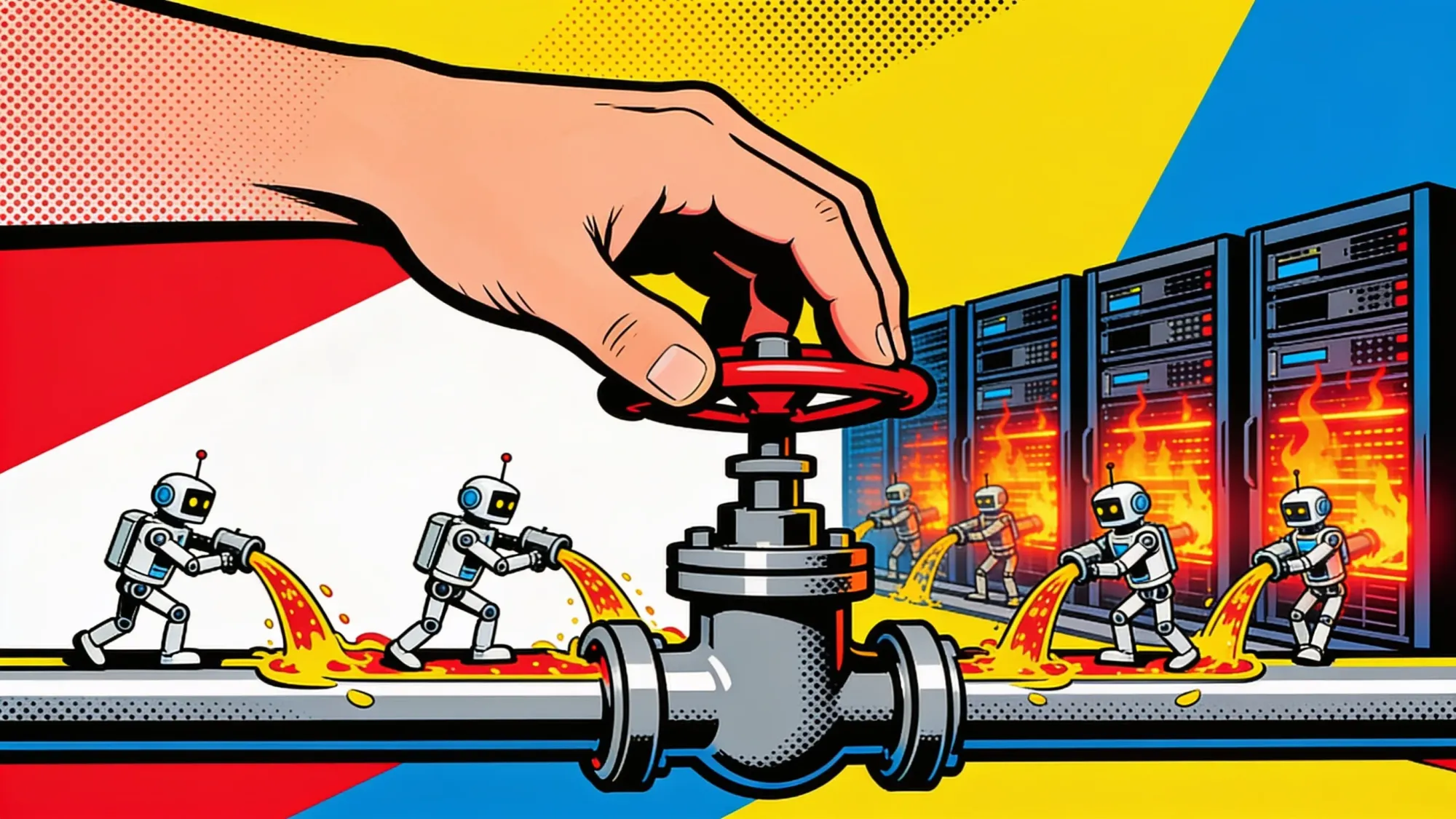 Robot workers routed through pipes while a hand turns a control valve