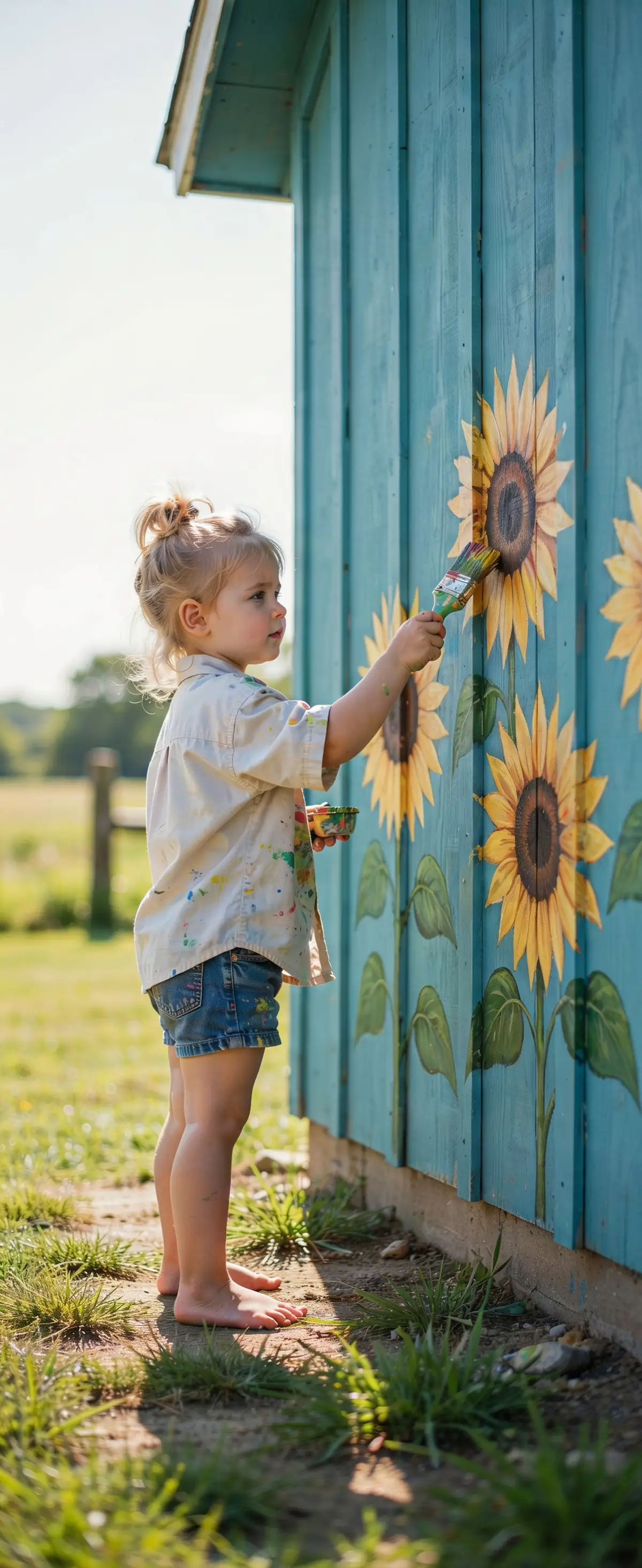 Toddler painting sunflowers on a blue turquoise barn