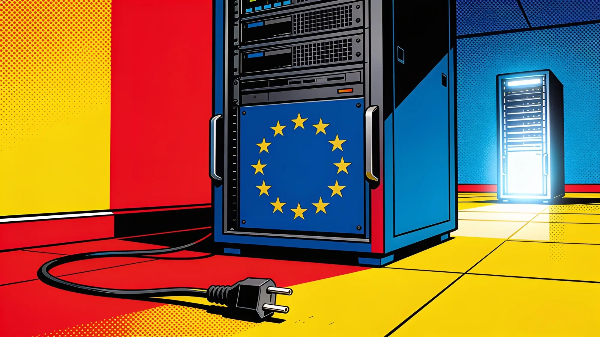 A powered-down server rack marked with the EU ring of gold stars
