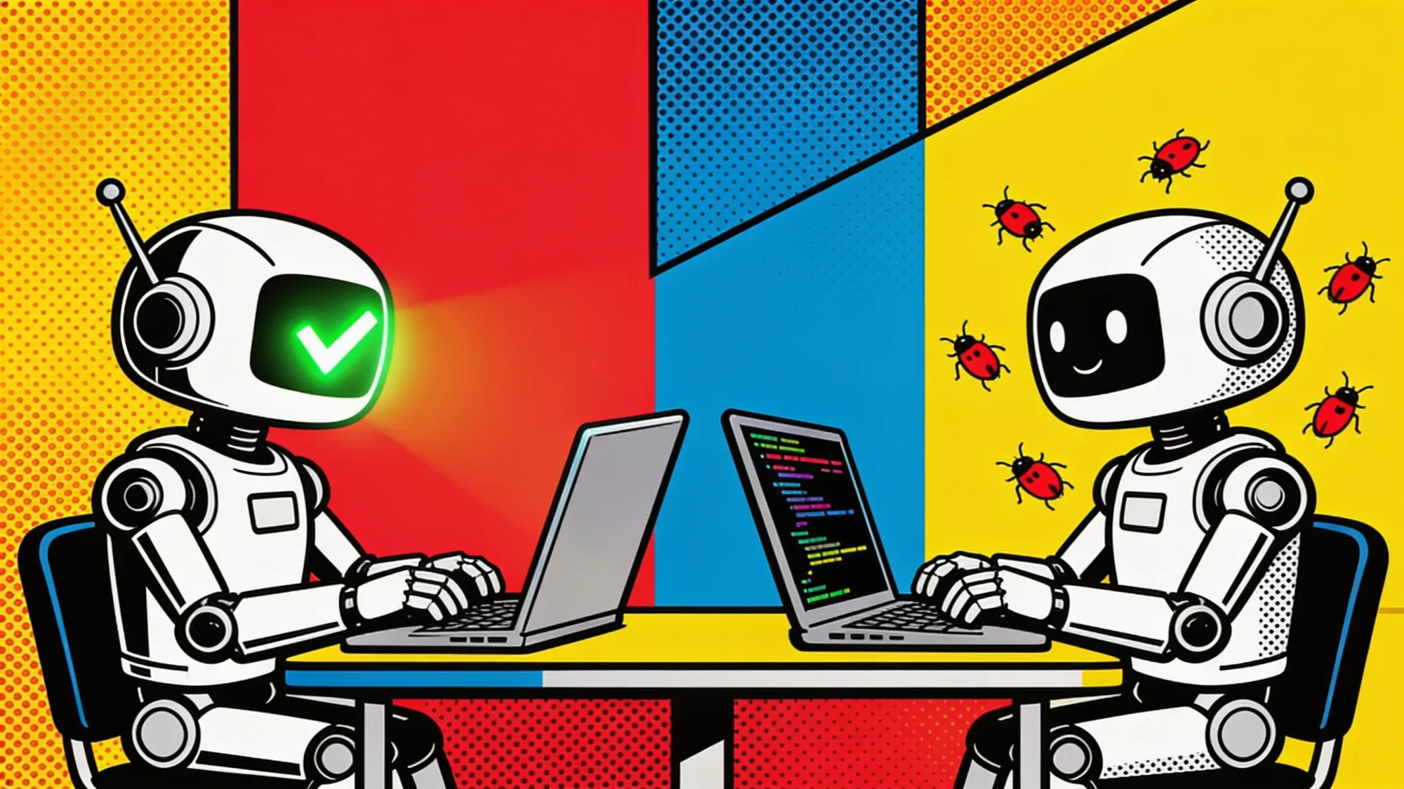 Two robots in a head-to-head coding duel, one ahead with a checkmark