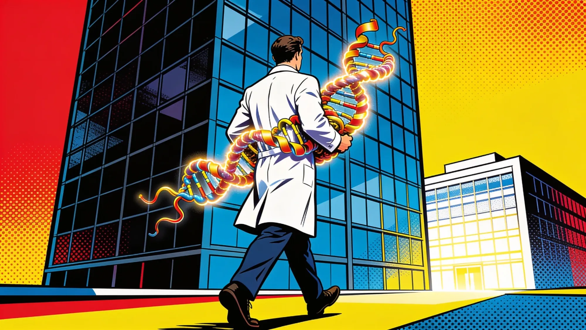 A scientist carrying a glowing protein ribbon from a dark tower to a brighter building