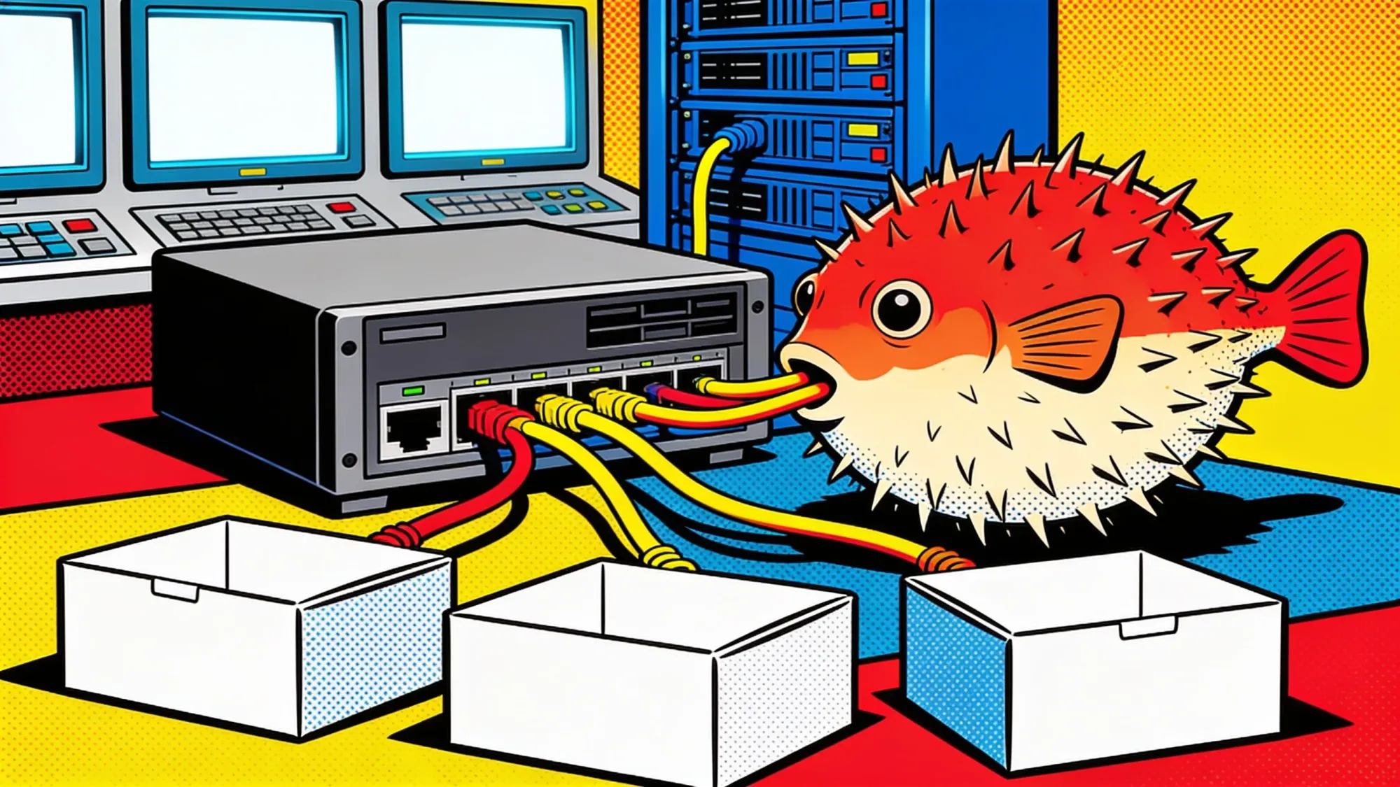 A pufferfish-shaped server routing cables into blank model boxes