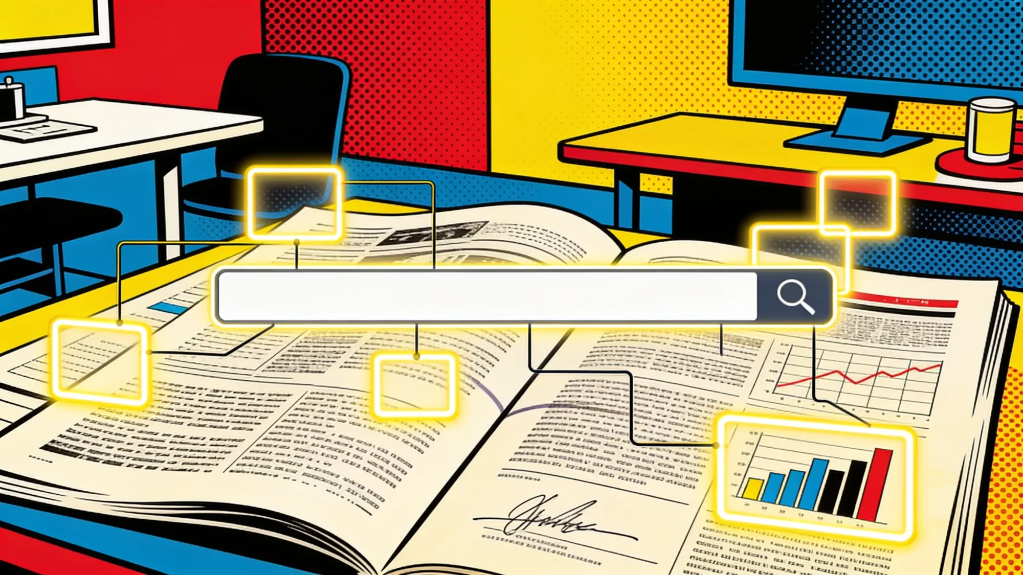 Scanned enterprise documents with glowing coordinate boxes around page regions
